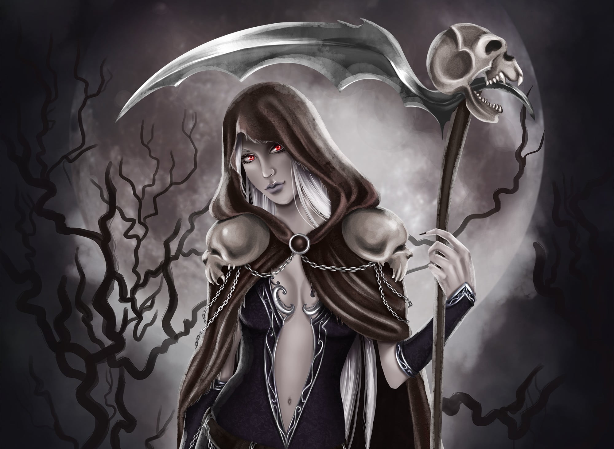 portrait, red eyes, human representation, creativity, 1080P, female, front view, people, waist up, skull, art, angel, grim, studio shot, female likeness, HD Wallpaper