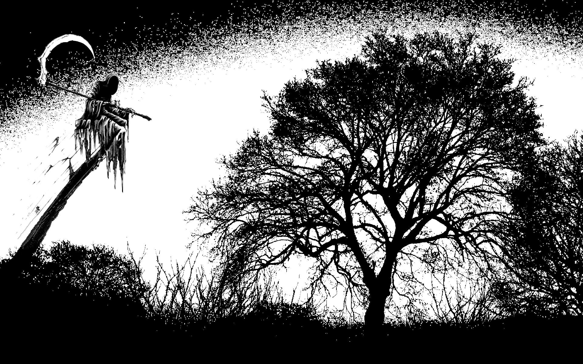 monochrome, landscape, Grim Reaper, 1080P, trees, artwork, HD Wallpaper