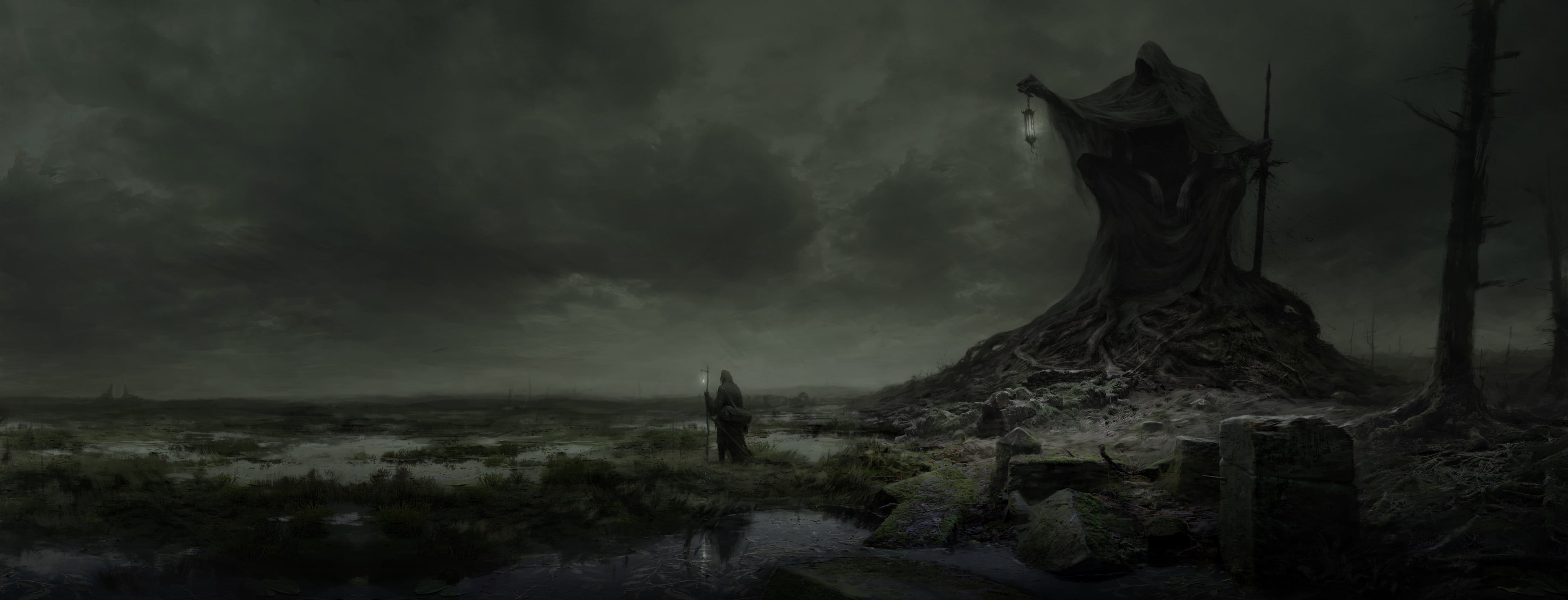nature, sky, cloud - sky, cemetery, grim reaper 4k screen, storm, dusk, grave, mammal, tree, land, plant, fog, 4K, non-urban scene, animal wildlife, HD Wallpaper