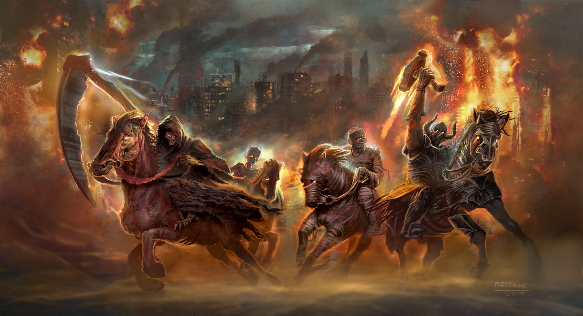 art, fire, weapons, of, Revelations, death, Dark, Four, the, Evil, horror, 1080P, Horsemen, apocalypse, fantasy, religion, HD Wallpaper