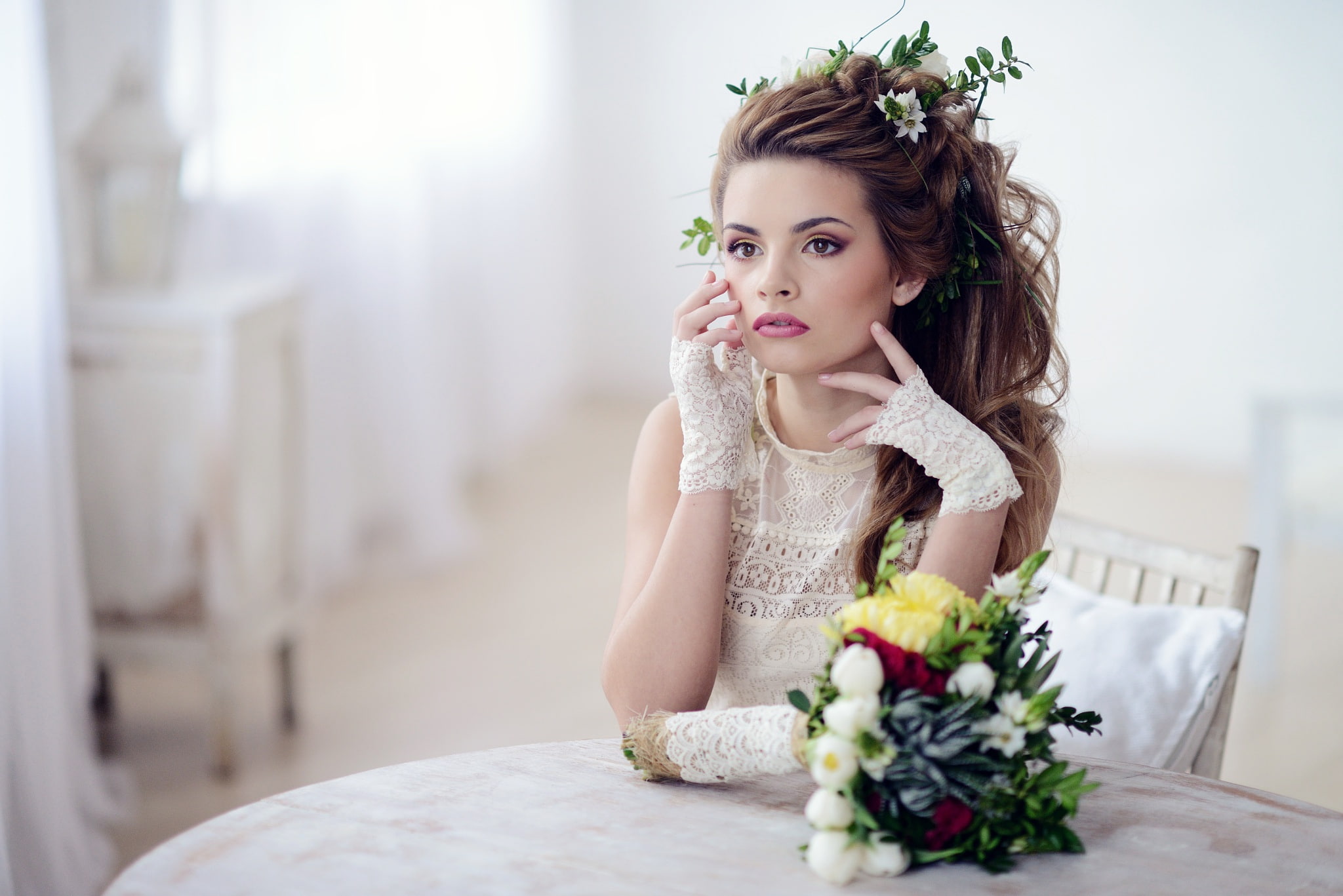 Galina Tcivina, lace, flowers, hairstyle, phographer, Yana, 1080P, look, waiting, girl, gloves, HD Wallpaper