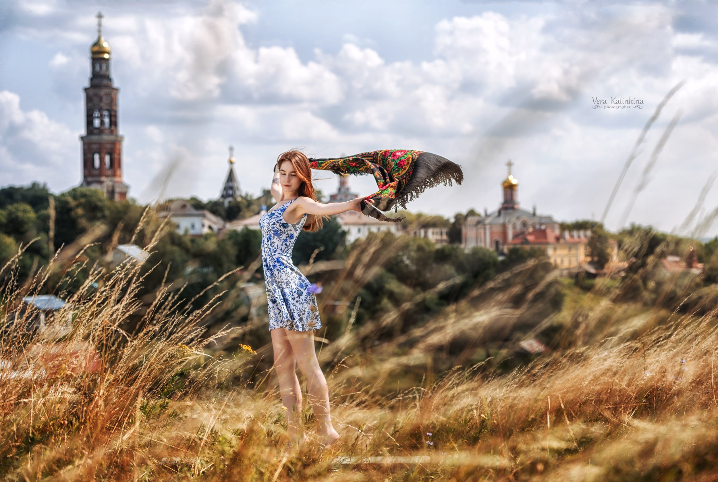 long hair, bokeh, smiling, clouds, Vera Kalinkina, dry grass, women outdoors, women, 1080P, Yana Arbenina, model, redhead, dress, tattoo, closed eyes, HD Wallpaper