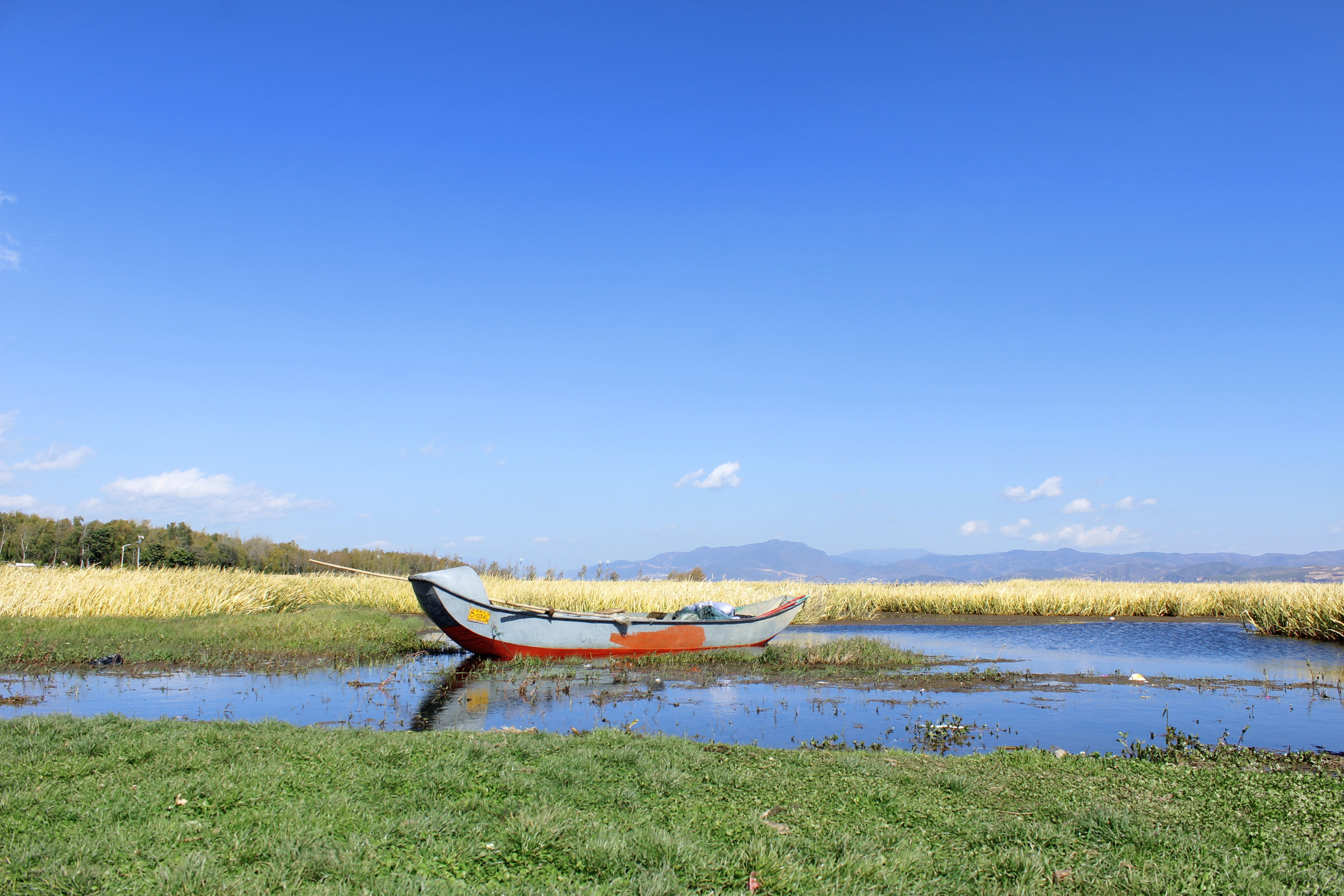 day, water, tranquility, in yunnan province, lake, winter, nature, 5K, non-urban scene, cloud - sky, no people, sky, grass, grassland, transportation, HD Wallpaper