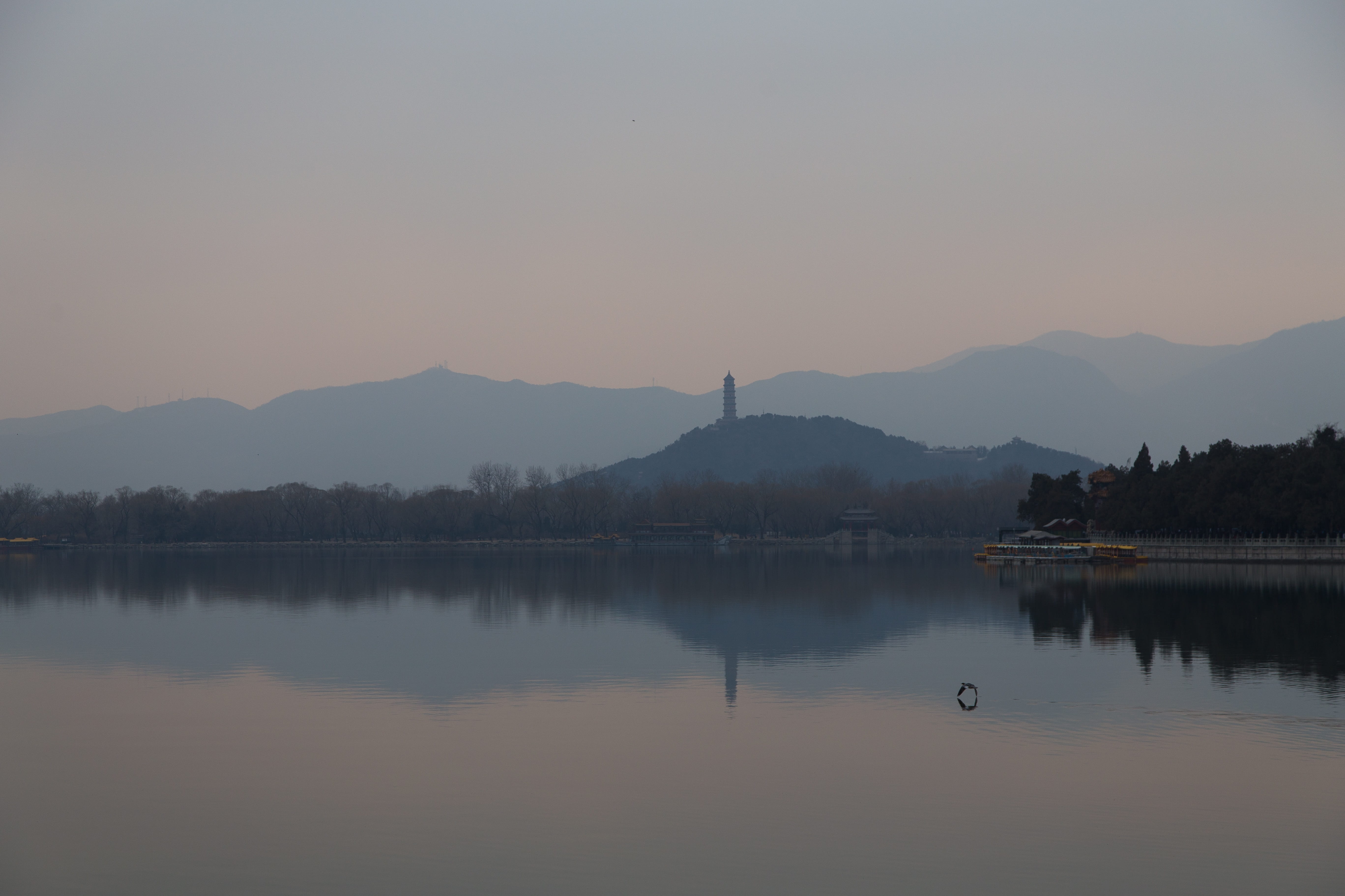 mountain, idyllic, waters, nature, tranquil scene, mountain range, scenics - nature, sunset, the summer palace, lake, reflection, tree, 5K, copy space, HD Wallpaper