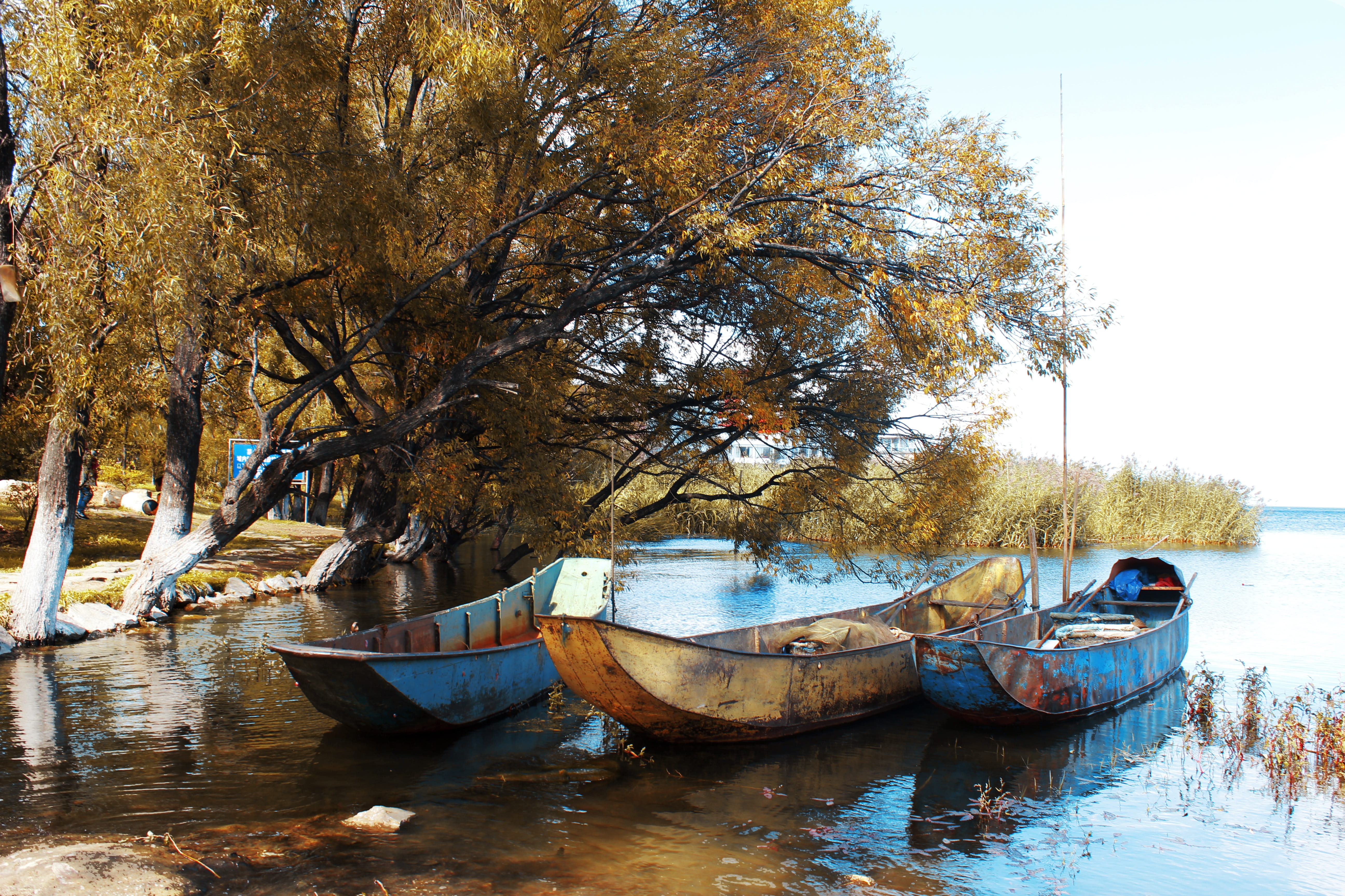 scenics - nature, ship, river, tranquility, moored, sea, no people, blue sky, erhai lake, rowboat, in yunnan province, winter, sky, transportation, day, HD Wallpaper