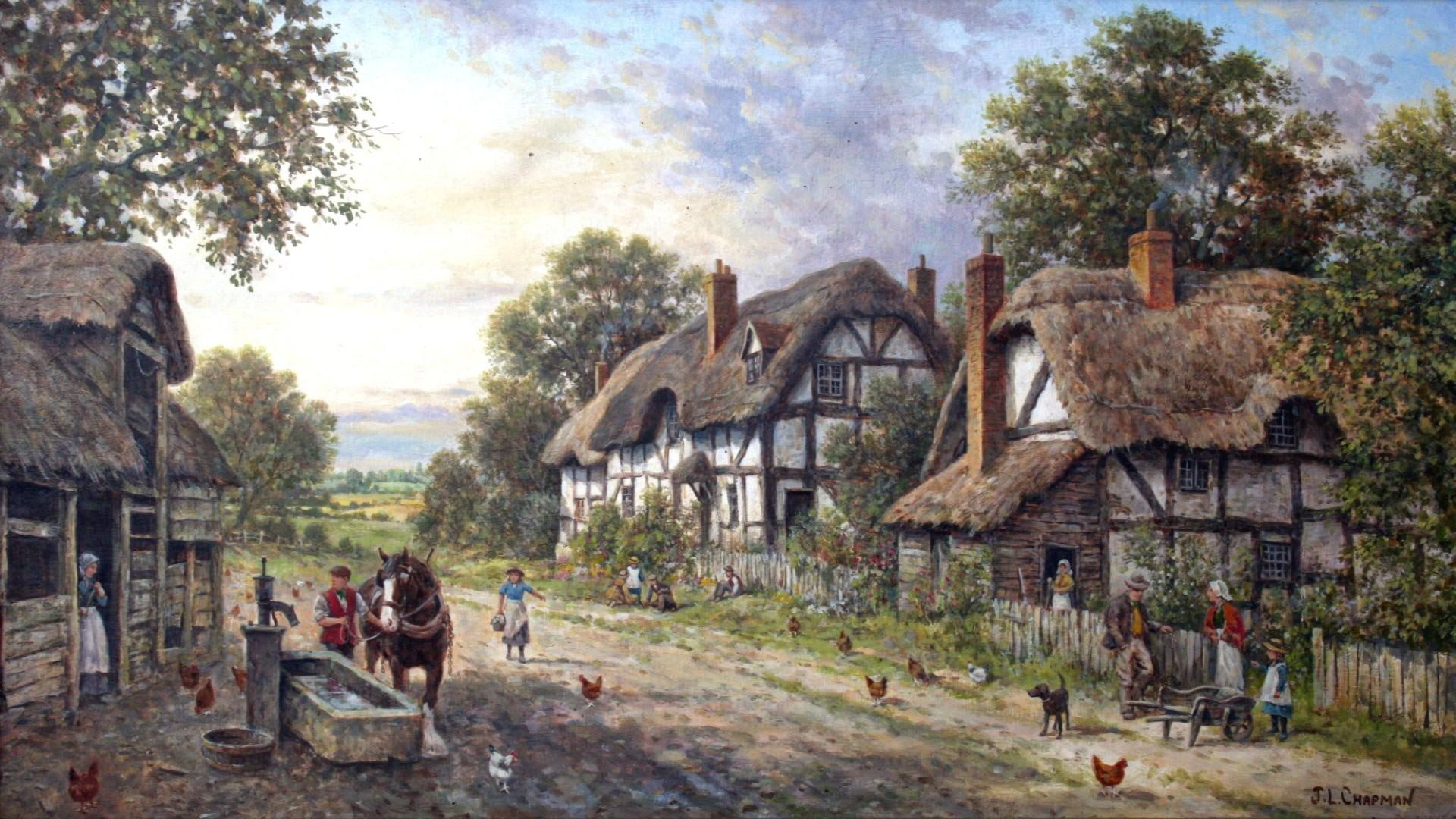 horse, countryside, village, lane, england, cottage, water trough, houses, pain, chickens, thatched, 1080P, HD Wallpaper