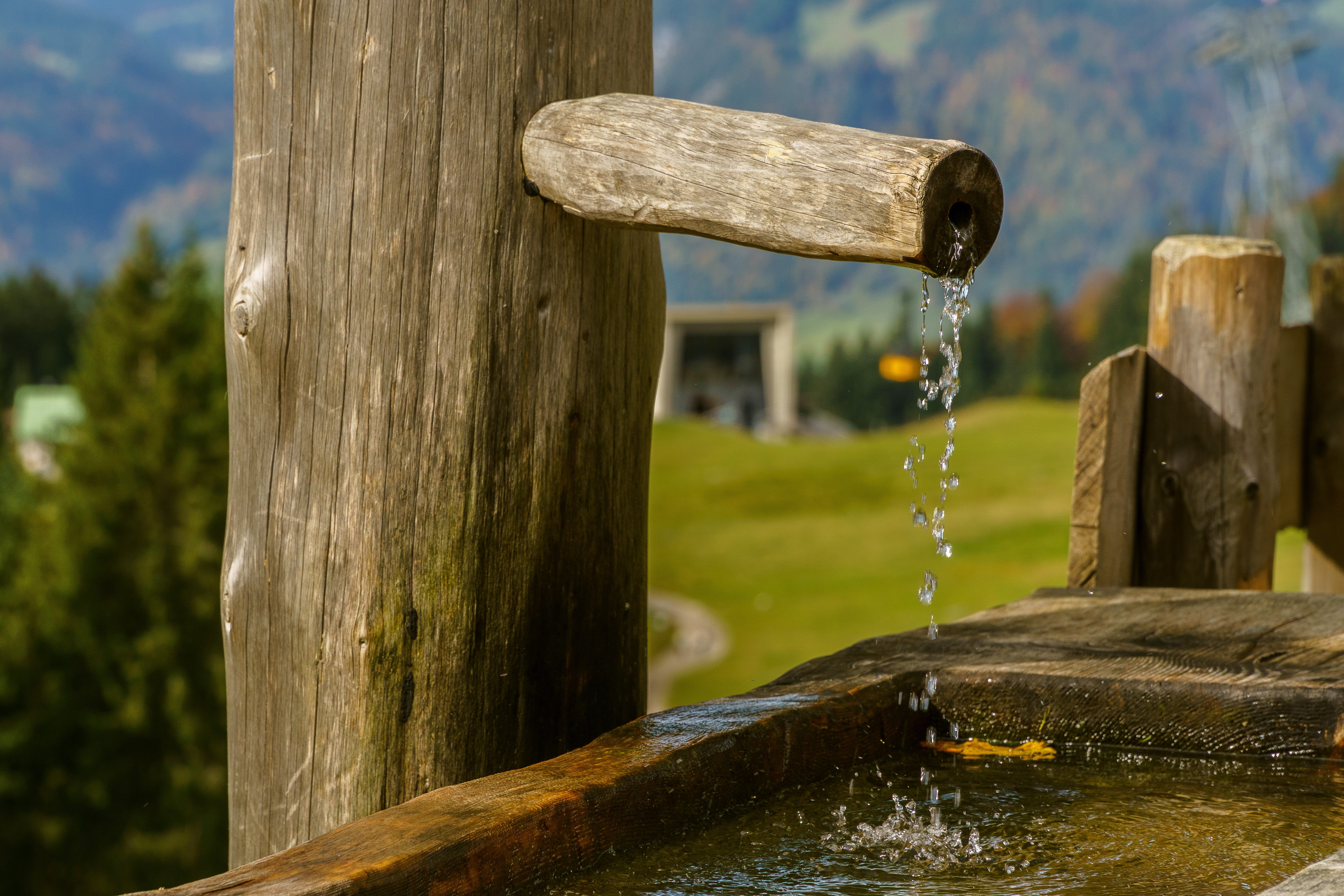 landscape, running water, tree trunk, water, fountain, livestock watering, 5K, trunk, plant, photography, wooden post, time, architecture, falling, foghorn, HD Wallpaper