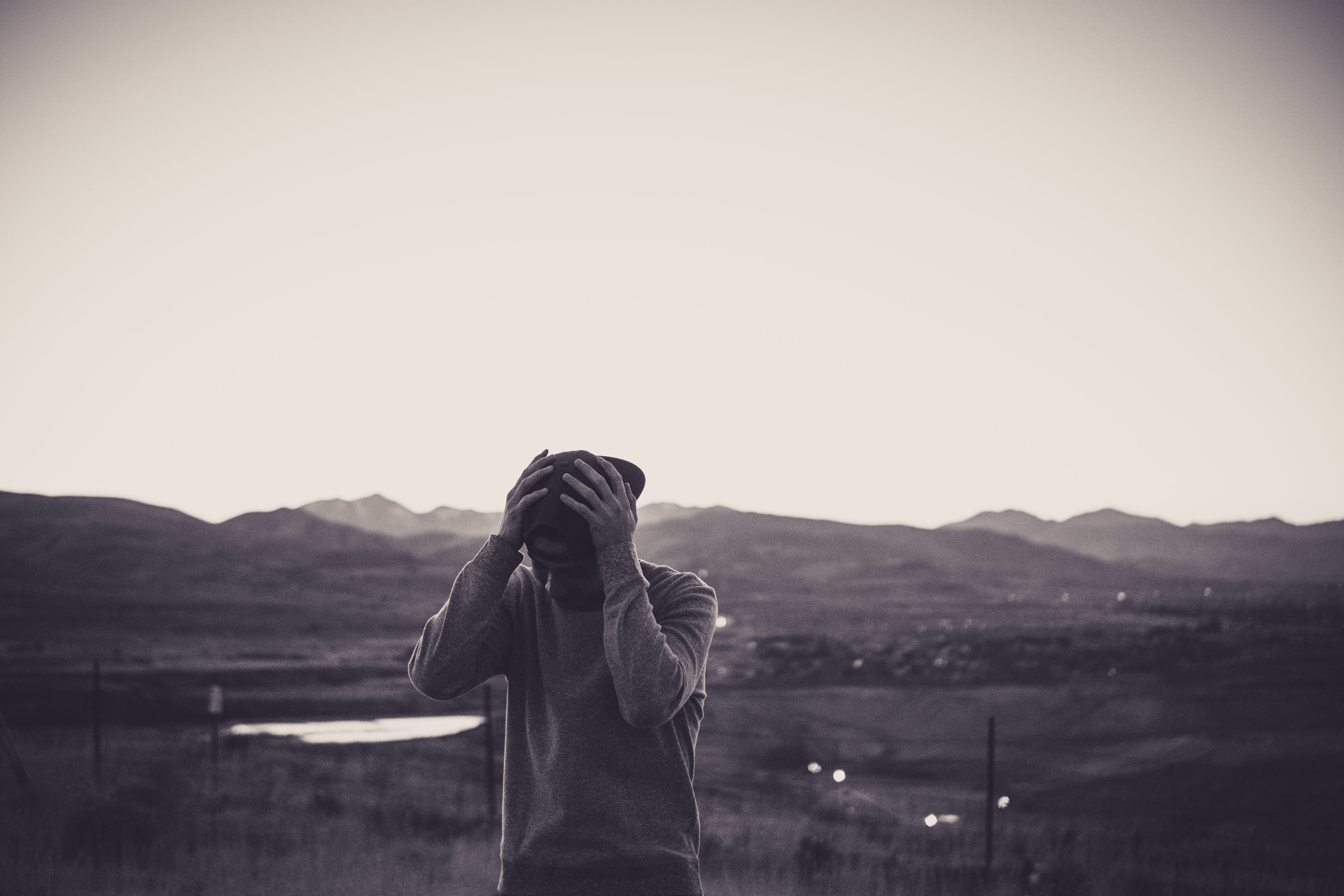 copy space, grayscale, tranquil scene, photographer, hat, mountain, photography, person, sky, young adult, apparel, front view, light, tranquility, teenager, HD Wallpaper