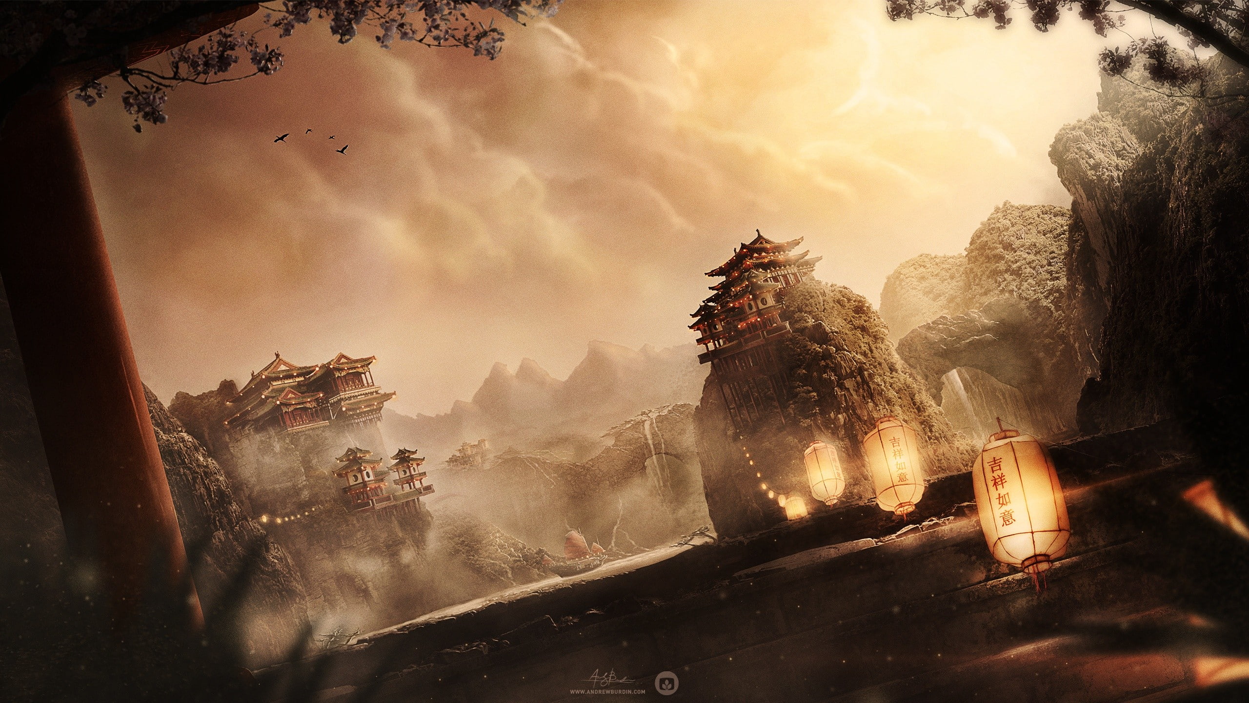 fantasy art, digital art, mountains, fantasy city, Chinese architecture, 2K, Asia, Desktopography, HD Wallpaper