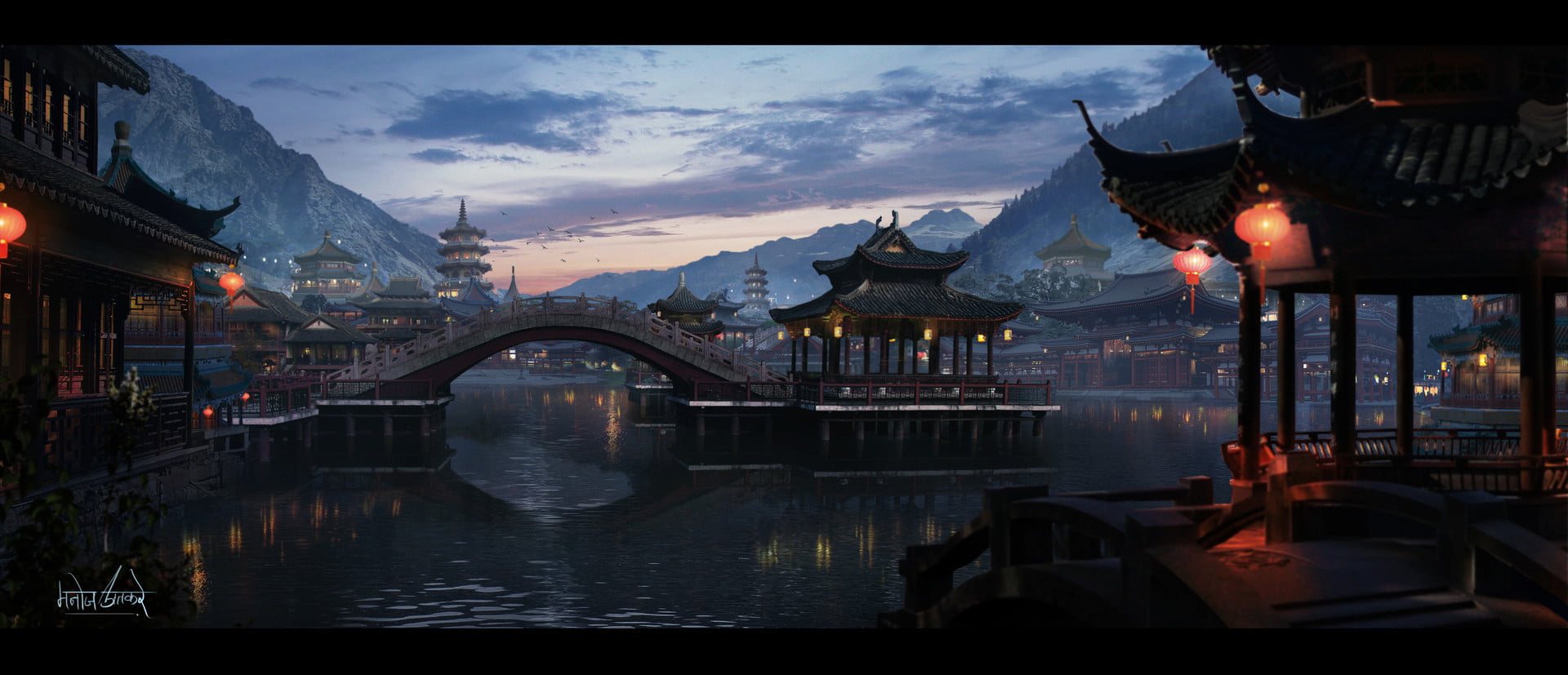 city, bridge, Asian architecture, lantern, artwork, river, Chinese lantern, mountains, 1080P, digital art, Asian, water, Asia, HD Wallpaper