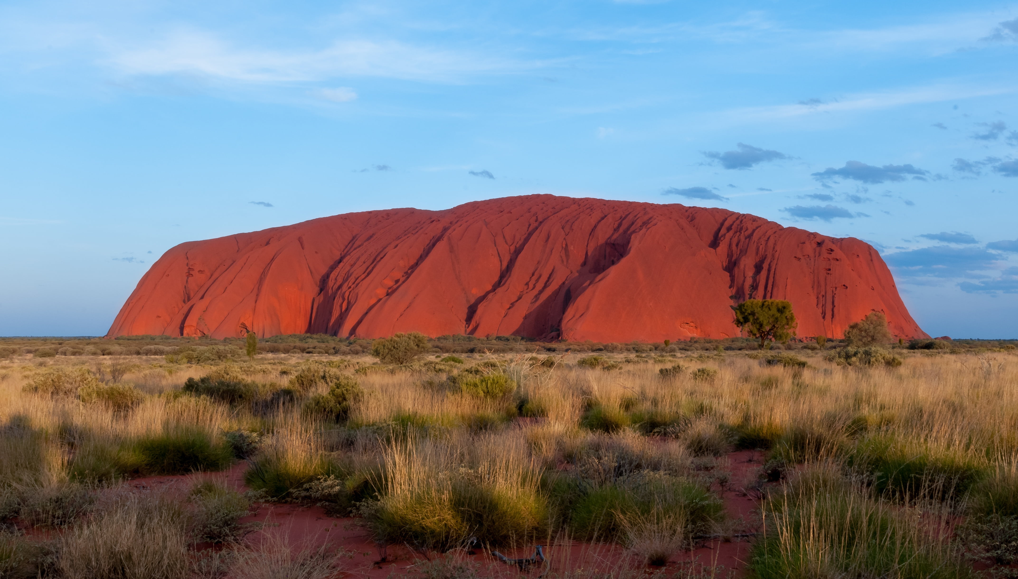 ayers rock, formation, sky, semi-arid, plant, environment, grass, rock, 4K, physical geography, outdoors, hiking, land, cloud - sky, excursion, uluru, HD Wallpaper