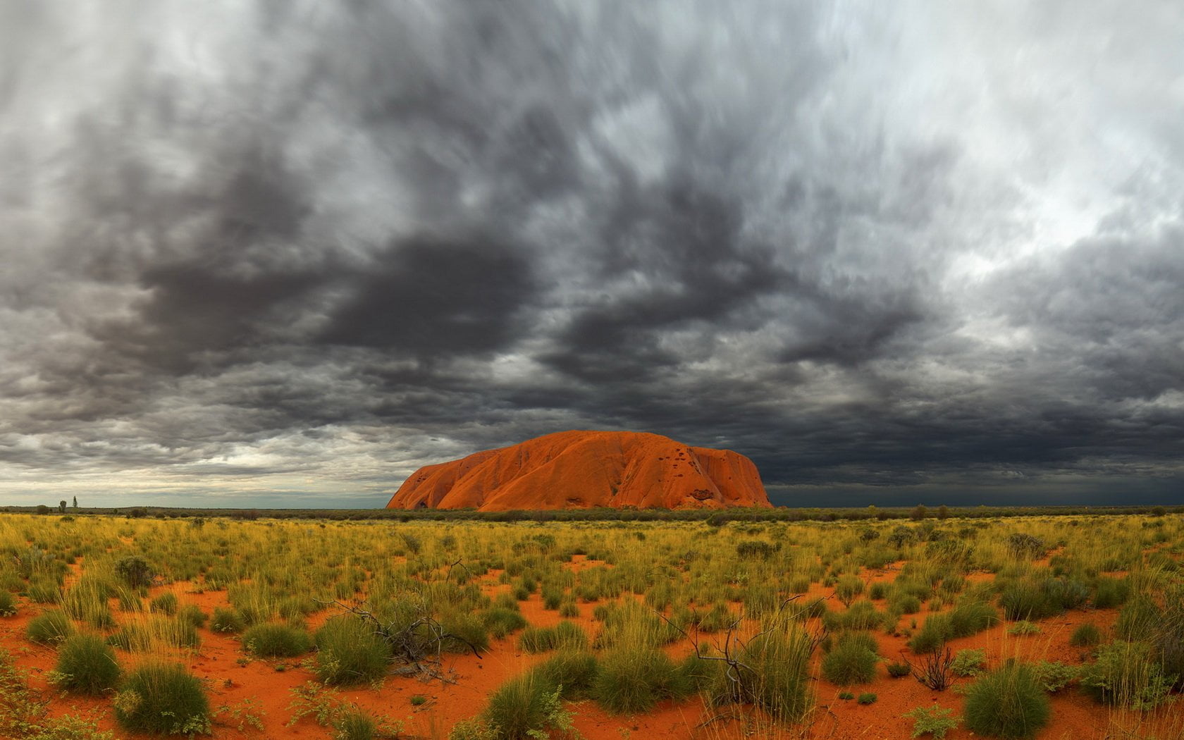 Uluru, 720P, overcast, Earth, tranquility, land, landscape, rock, field, tranquil scene, nature, cloud - sky, storm cloud, no people, plant, environment, HD Wallpaper