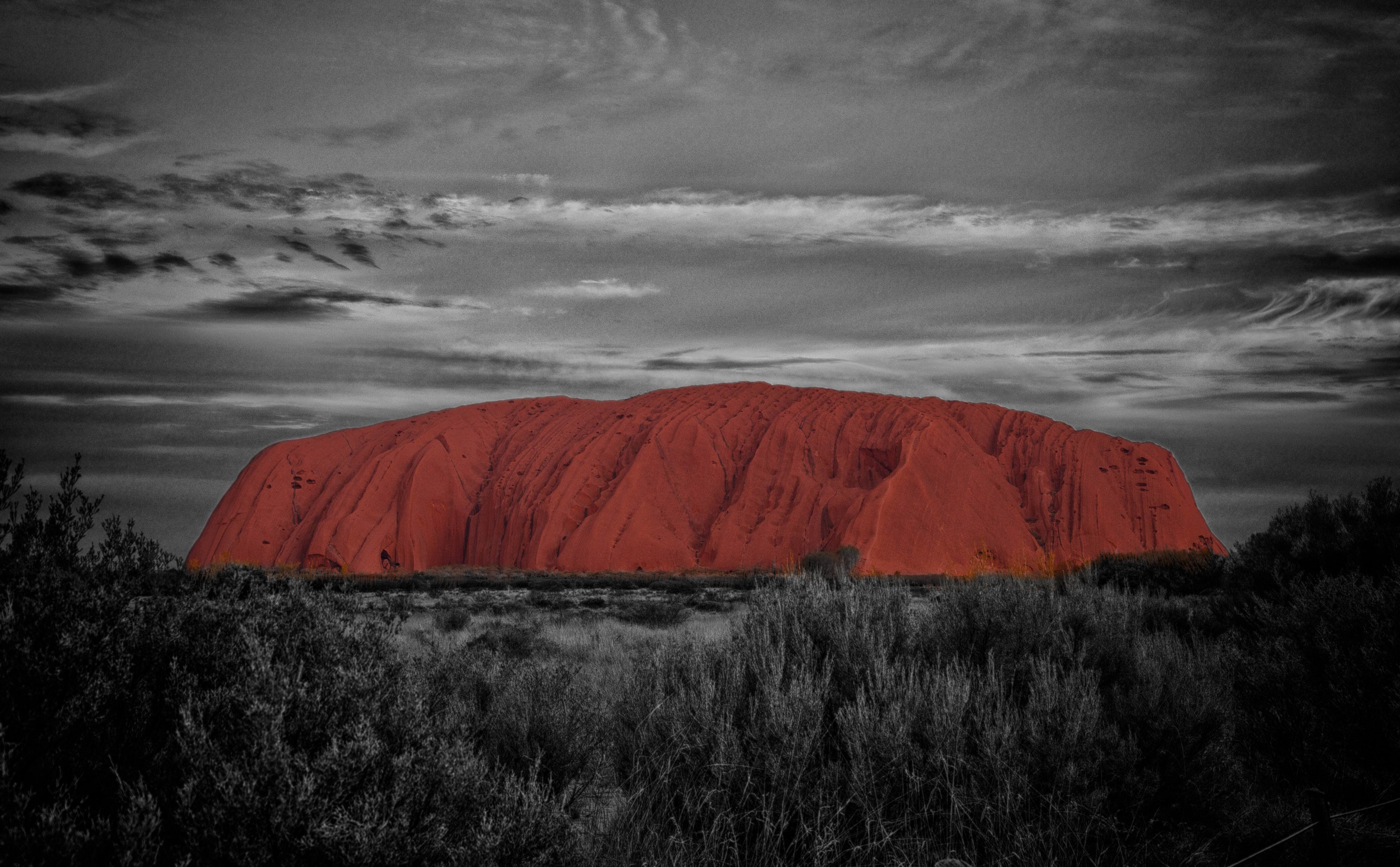 Oceania, non-urban scene, red, field, plant, outdoors, 5K, rock, Nature, Australia, Landscape, ayers, mountain, land, camping, sky, tranquility, beauty in nature, HD Wallpaper