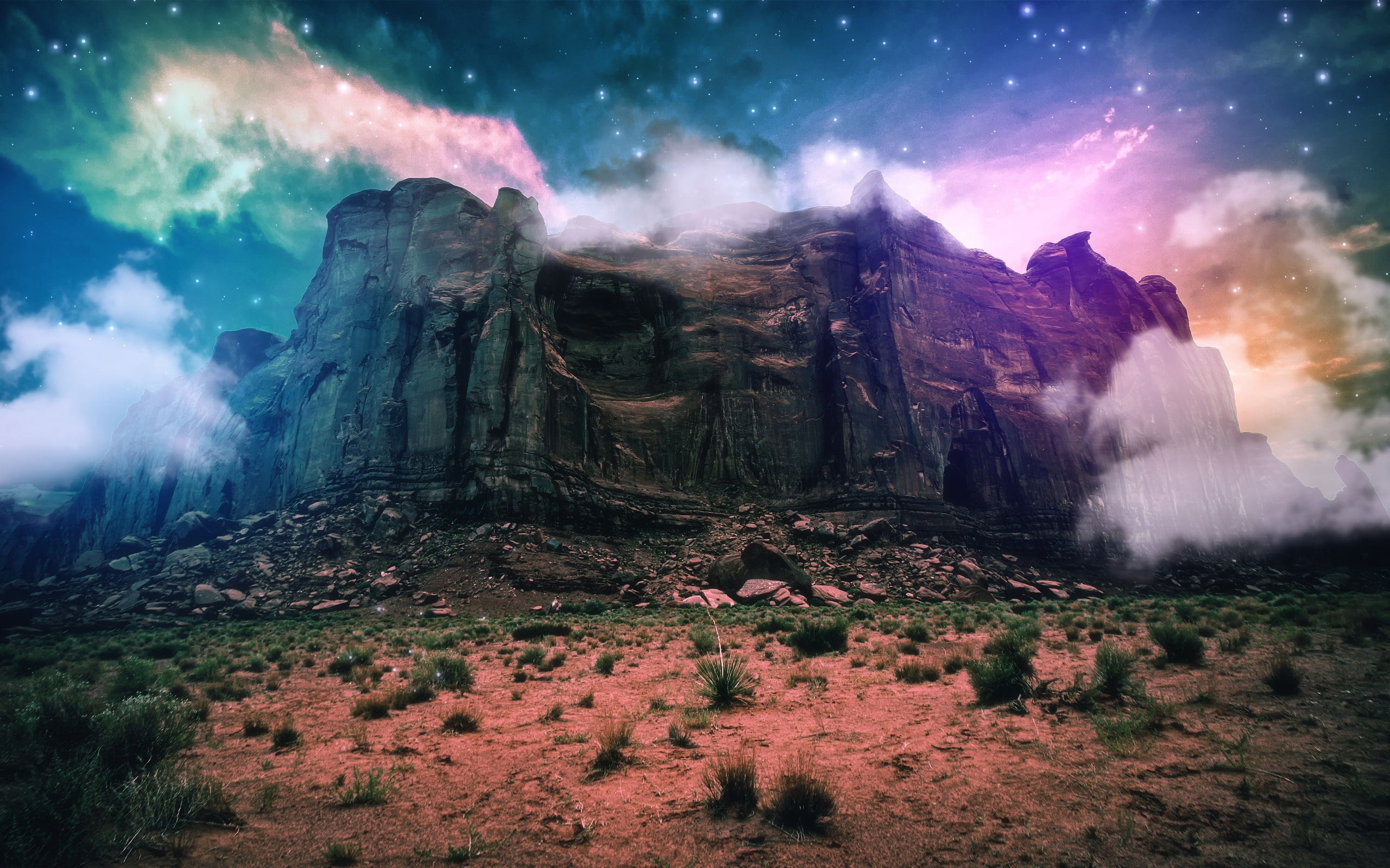 Mountain, Stars, Creative, Fantasy, Clouds, Stones, 2K, Cliff, plateau, Scenery, Space, graphic, HD Wallpaper