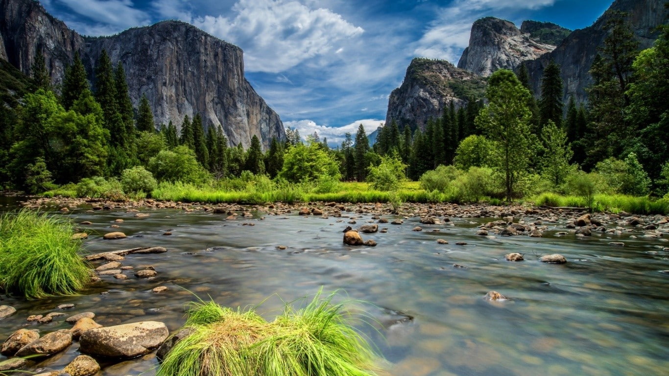 720P, nature, grass, landscape, trees, cliffs, mountains, stones, river, HD Wallpaper