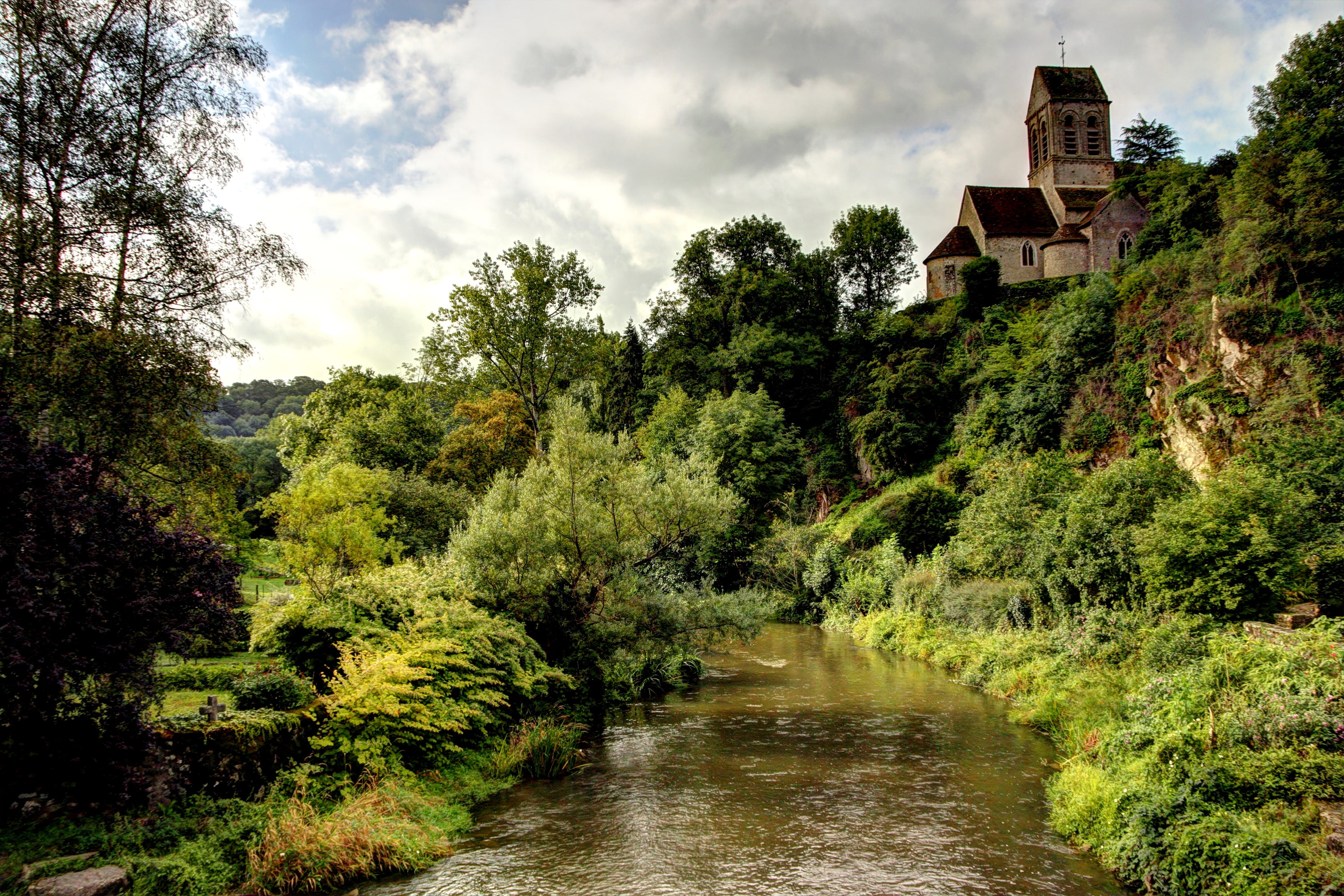 stream, 2K, Saint-Ceneri-le-Gerei, France, trees, the bushes, house, HD Wallpaper