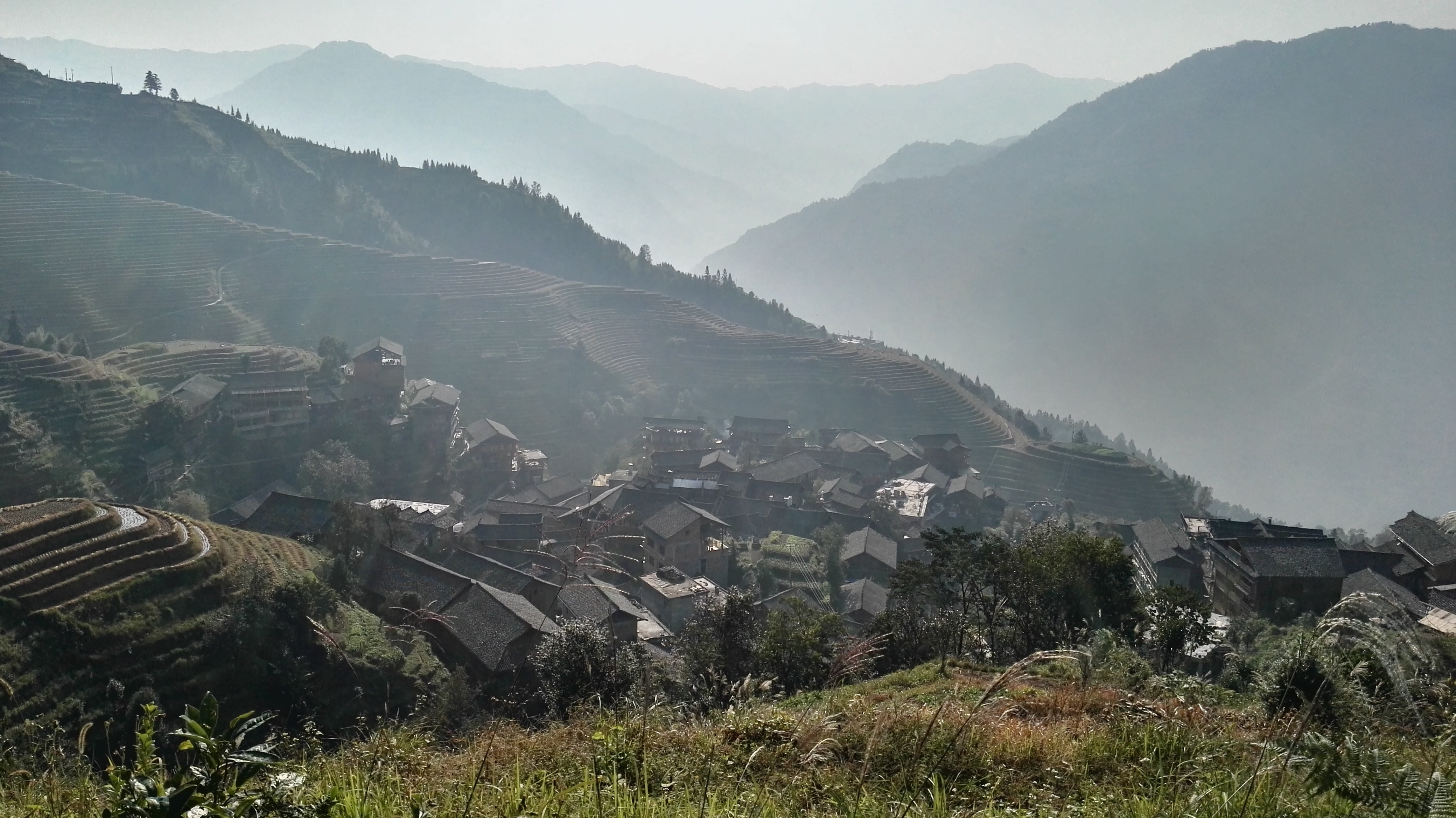 environment, guilin longji ridge, beauty in nature, built structure, mountain range, architecture, tree, building exterior, rural scene, fog, plant, sunrise, HD Wallpaper