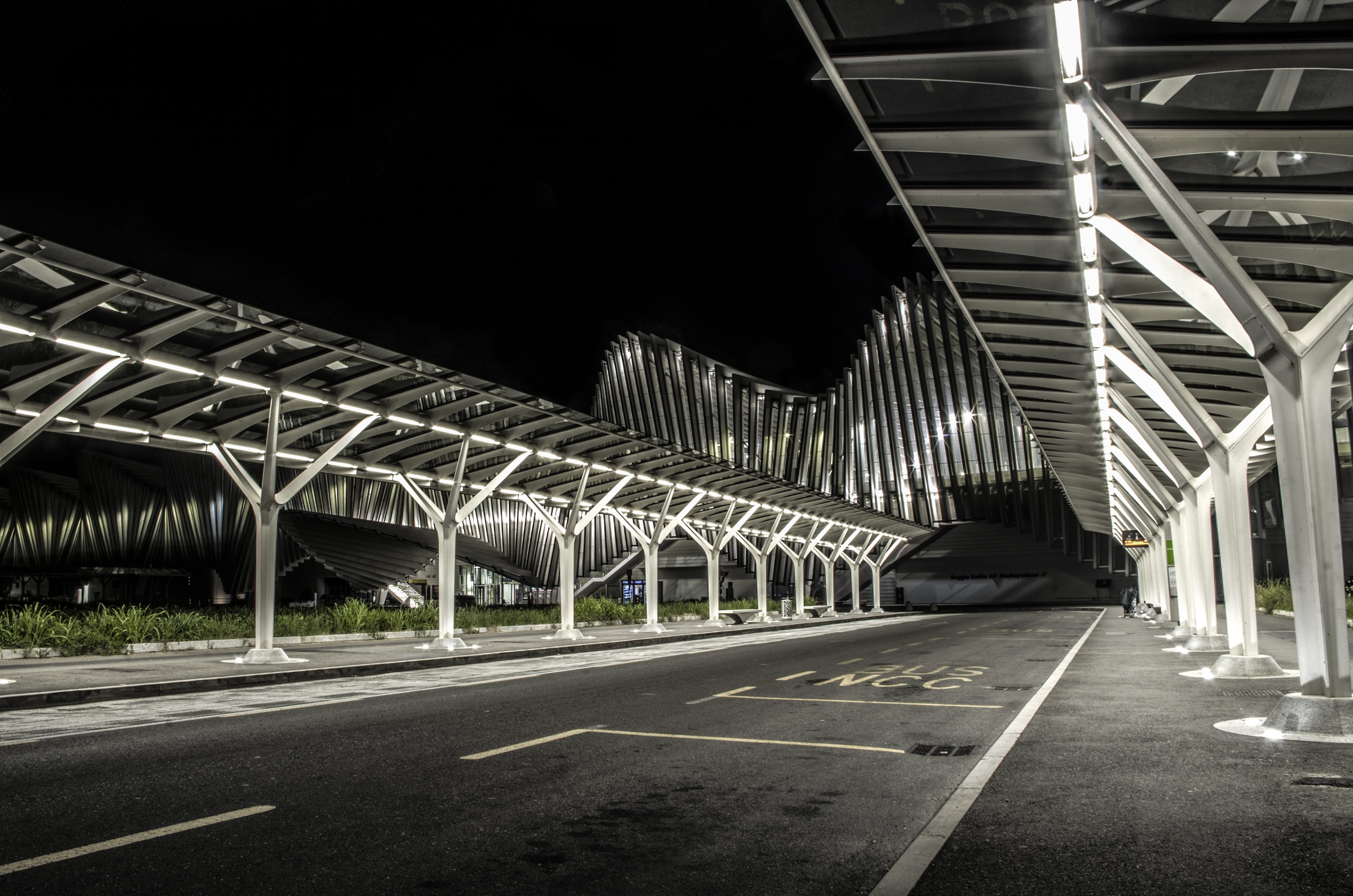 built structure, symbol, italy, mode of transportation, road, transportation, illuminated, the station mediopadana, night, bridge - man made structure, HD Wallpaper