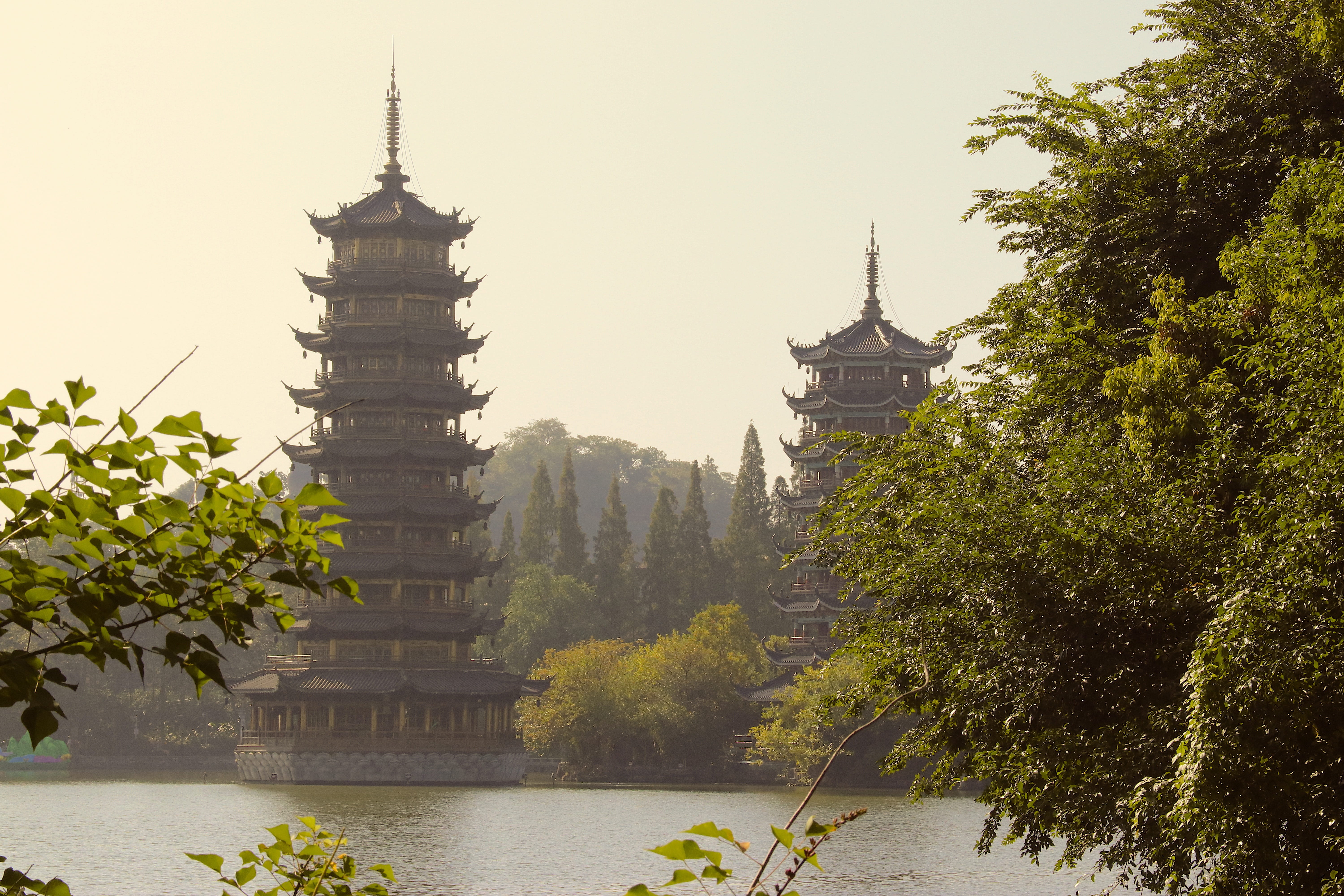 clear sky, lake, growth, belief, nature, 5K, morning, scenery, tree, no people, china, architecture, building exterior, plant, pagoda, spire, religion, HD Wallpaper