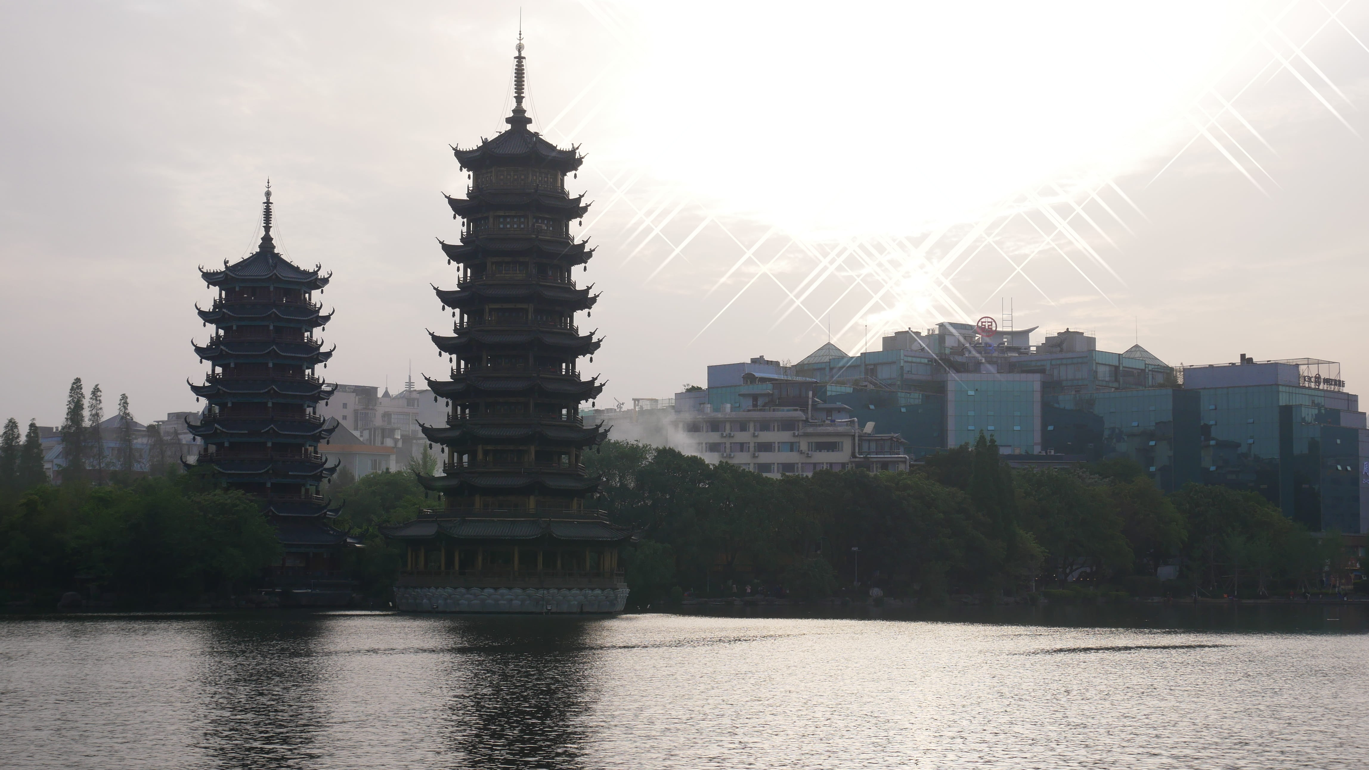 pagoda, cloud - sky, sunlight, china, cityscape, building, office building exterior, construction industry, river, built structure, power in nature, guilin, HD Wallpaper