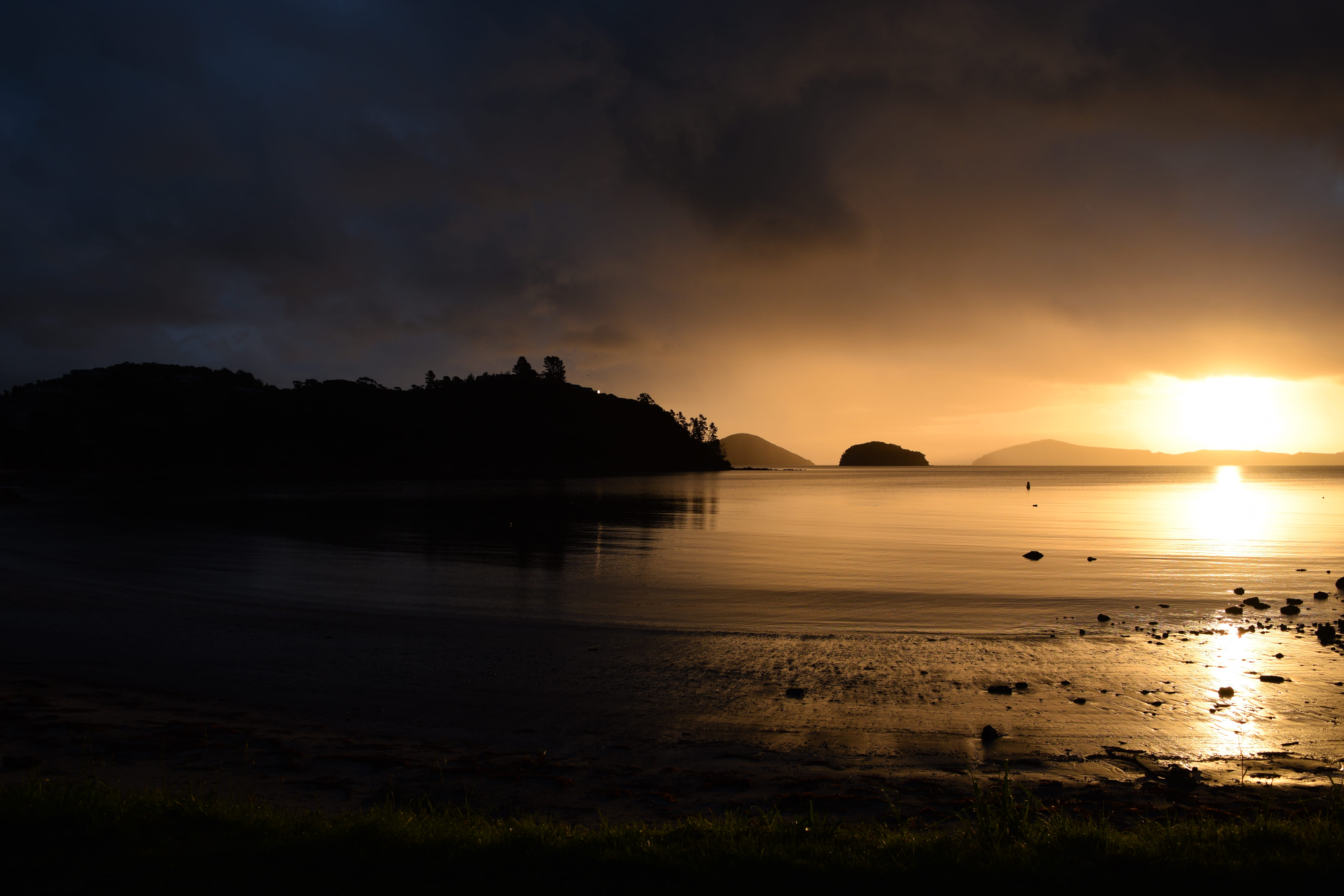 scenics - nature, idyllic, land, tranquility, sky, tranquil scene, stormy, beach, night time, orange sky, orange color, sea side, golden, new zealand, overcast, HD Wallpaper