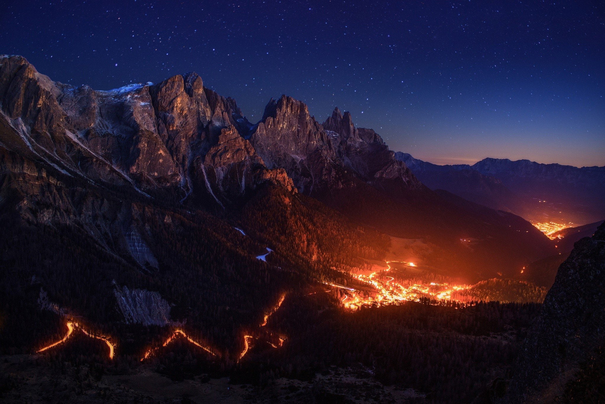 Alps, mountains, fire, sky, Valley, stars, Lights, night, 1080P, HD Wallpaper