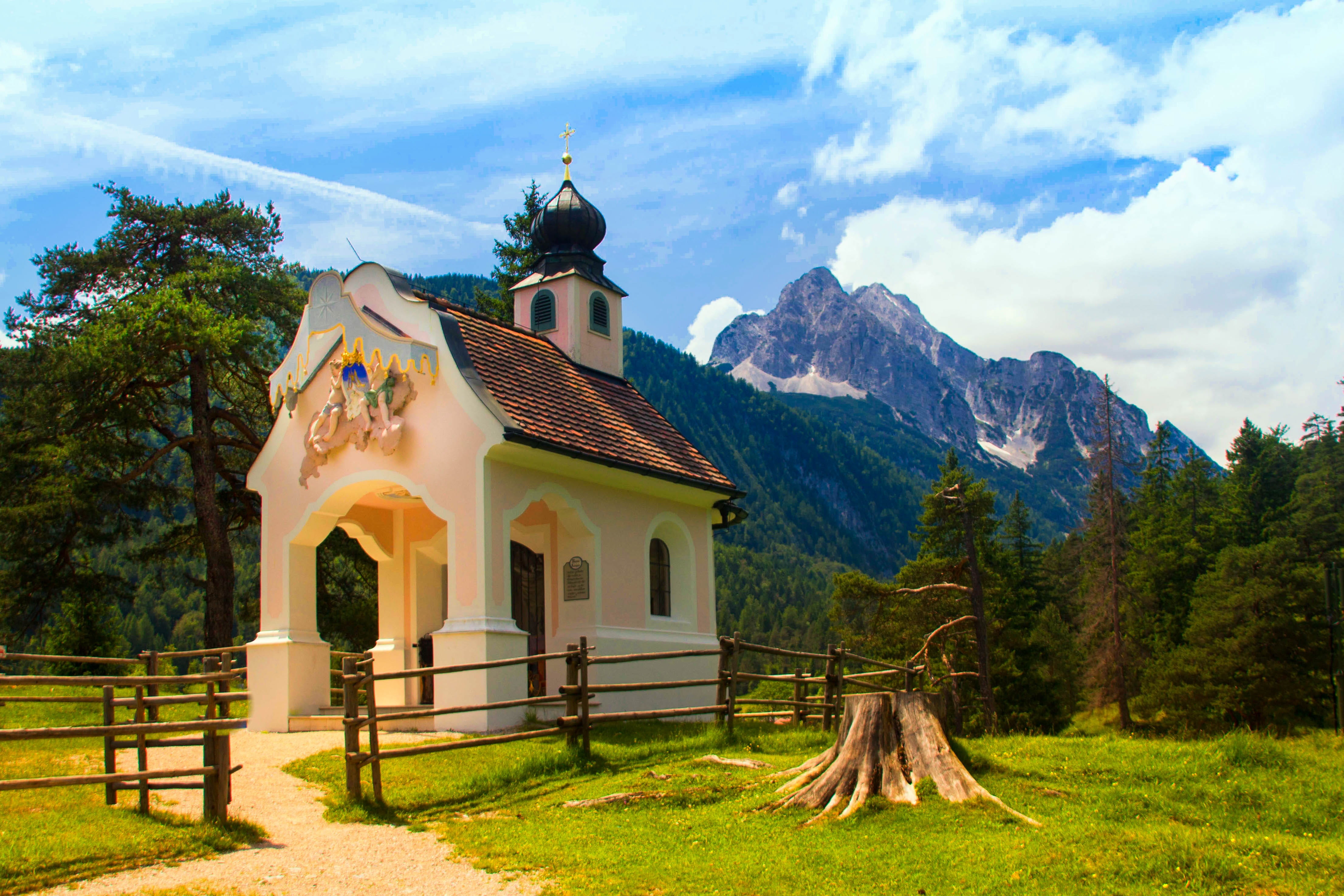 karwendel, mountain meadow, outdoors, building, grass, nature, spirituality, built structure, mountain chapel, Mittenwald, religion, building exterior, HD Wallpaper
