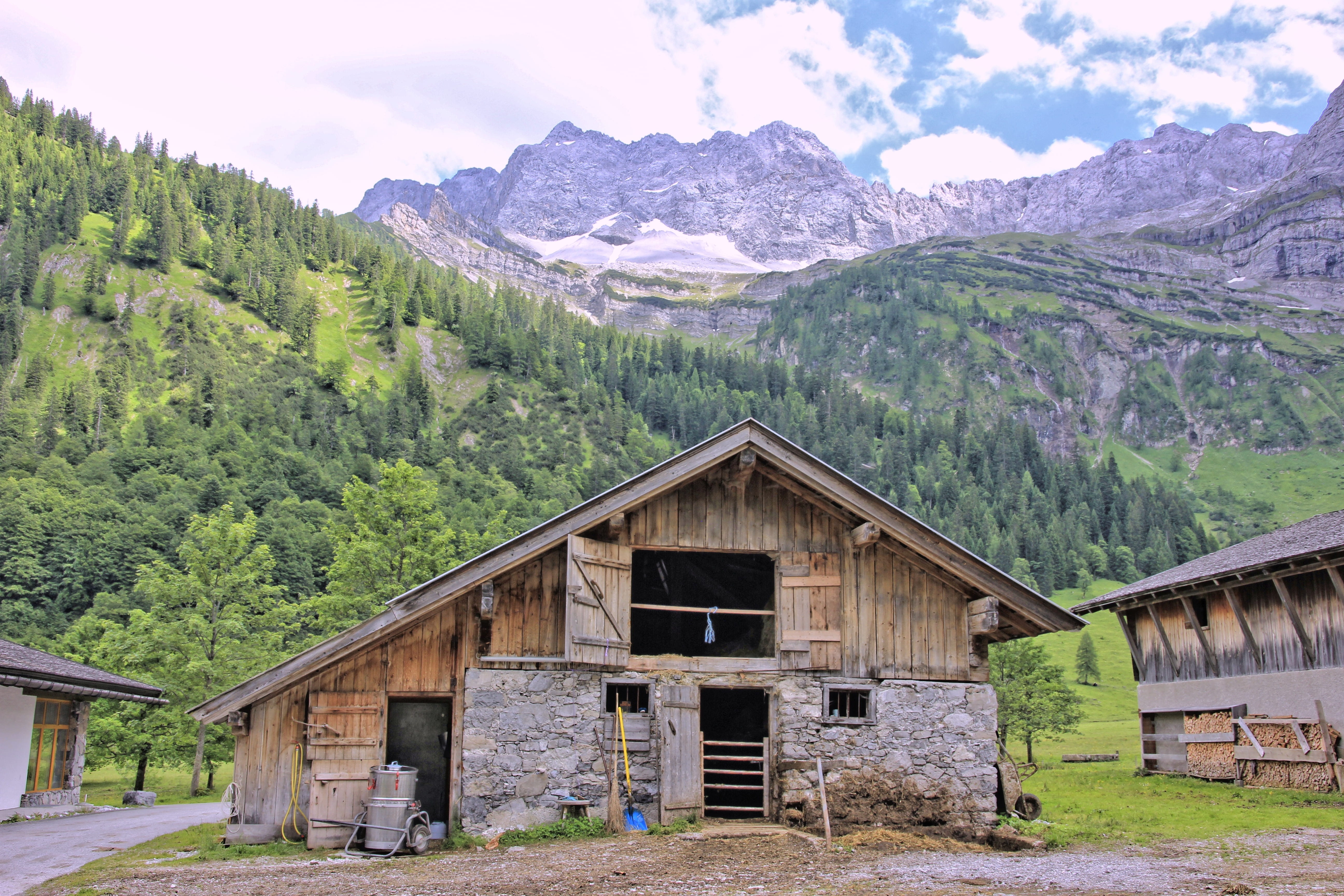 house, architecture, valley, village, clouds, landscape, outdoors, cabin, mountain, built structure, grass, wood, plant, beauty in nature, mountains, field, HD Wallpaper