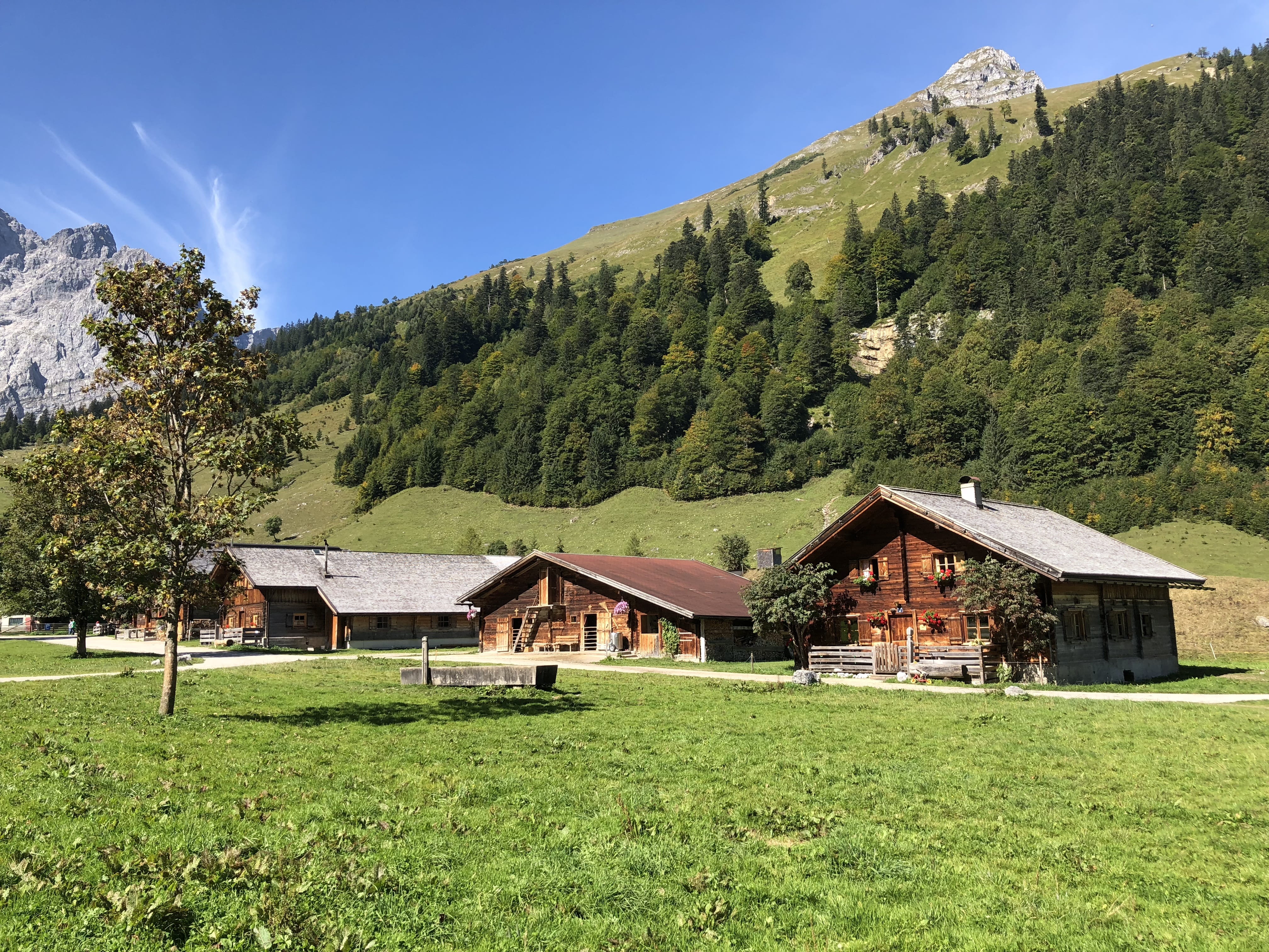 mountain, grass, mountain range, tree, growth, karwendel, rural, non-urban scene, scenics - nature, scenic, environment, land, plant, 4K, cottage, austria, HD Wallpaper