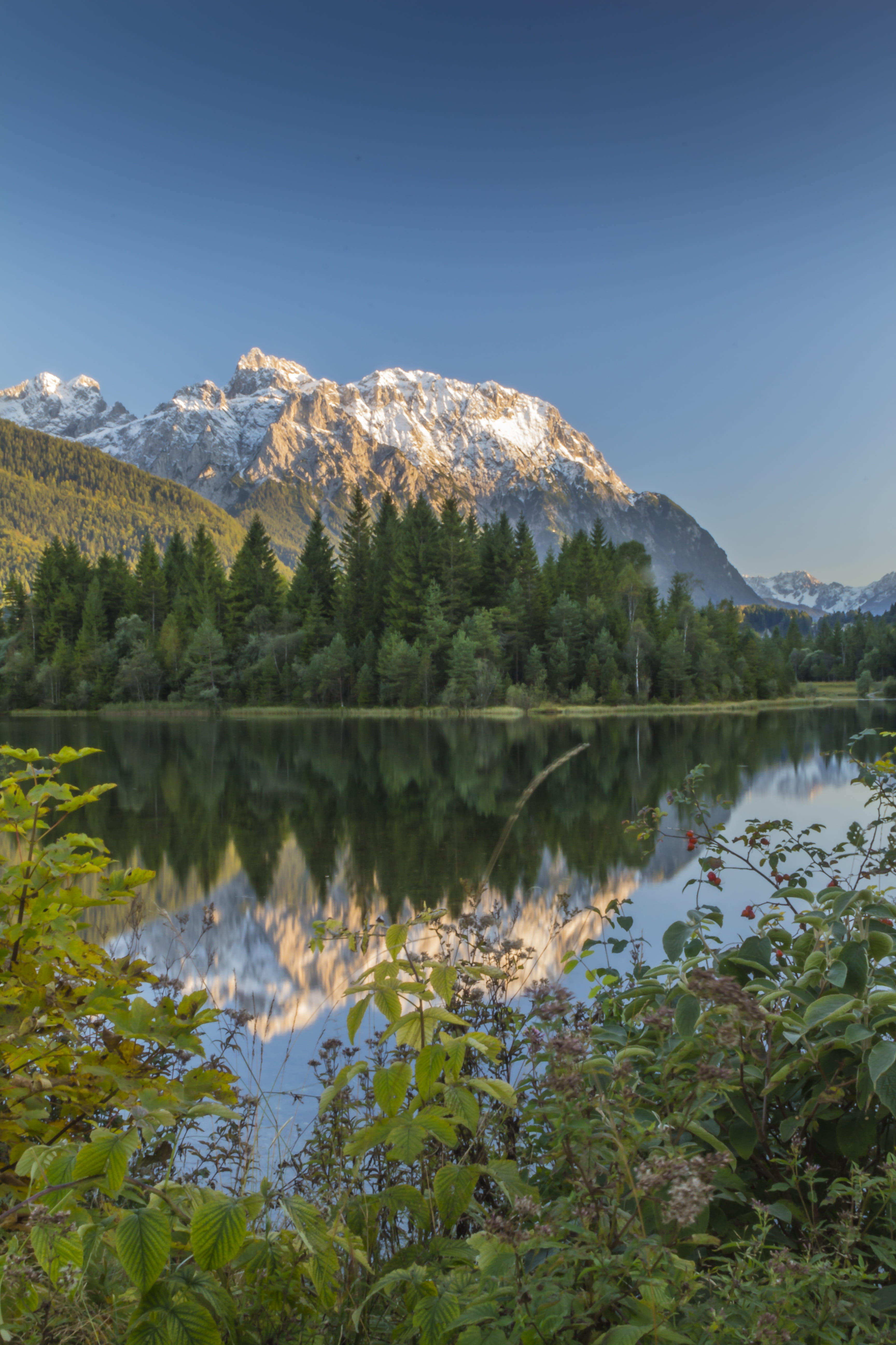 landscape, nature, scenics - nature, plant, mountain, tree, idyllic, growth, mountains, bergsee, reflection, remote, clear, 5K, karwendel, tranquil scene, Phone HD Wallpaper