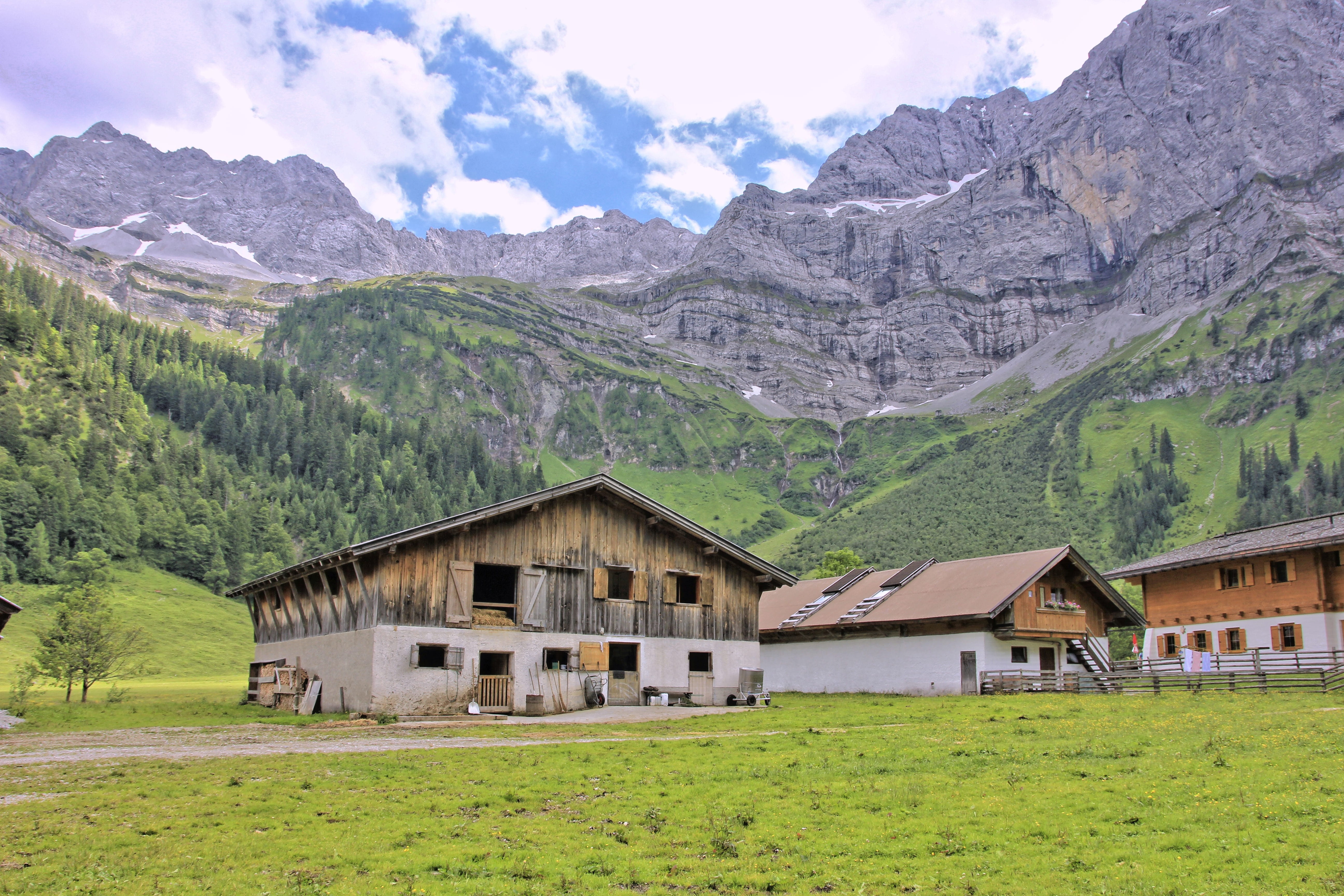 valley, built structure, architecture, outdoors, idyllic, rural, engalm, non-urban scene, mountains, ahornboden, mountain, old house, scenics - nature, HD Wallpaper