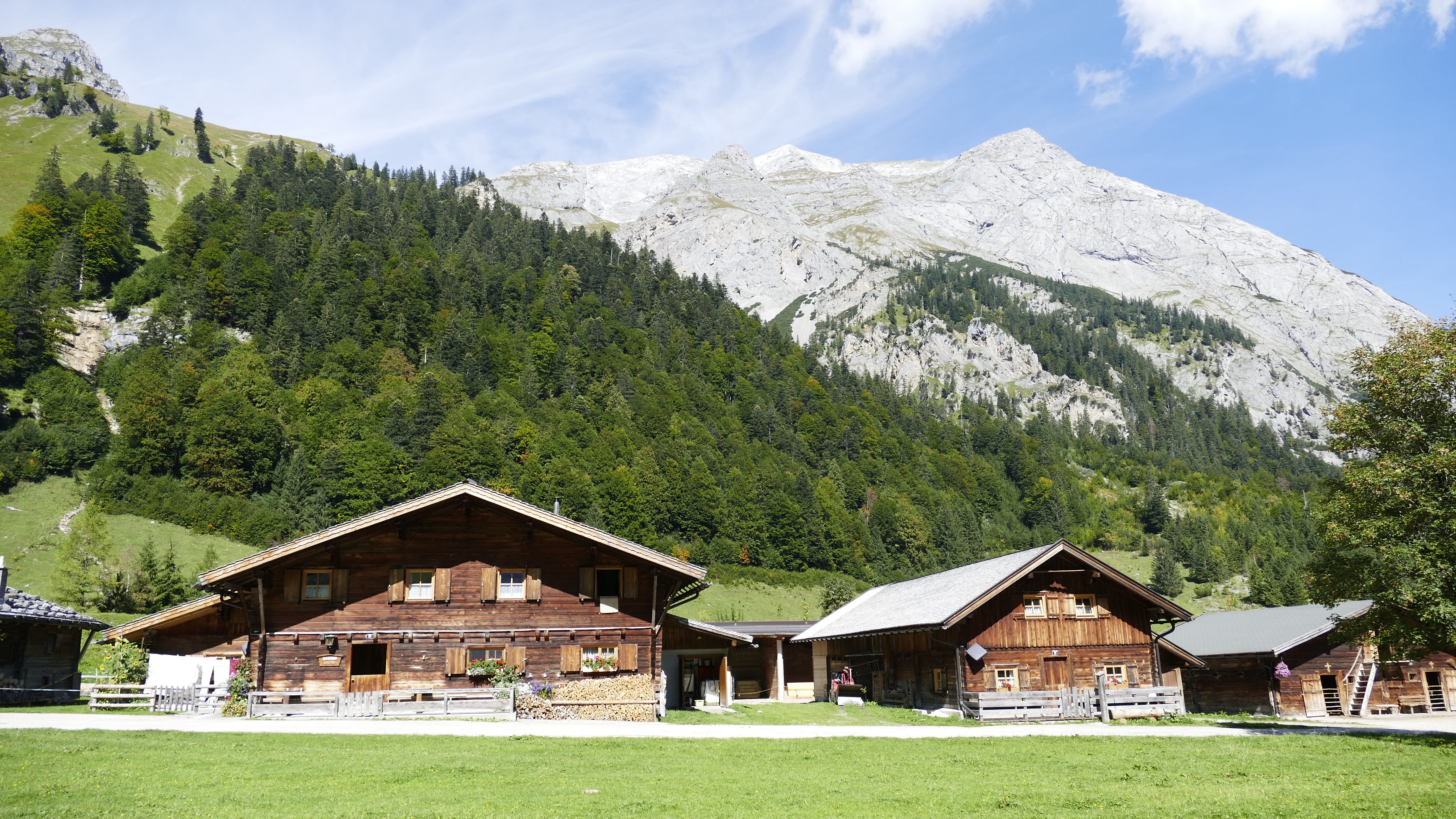 beauty in nature, outdoors, land, grass, architecture, plant, panorama, farm, nature, travel, pine tree, tree, no people, meadow, karwendel, valley, building, HD Wallpaper