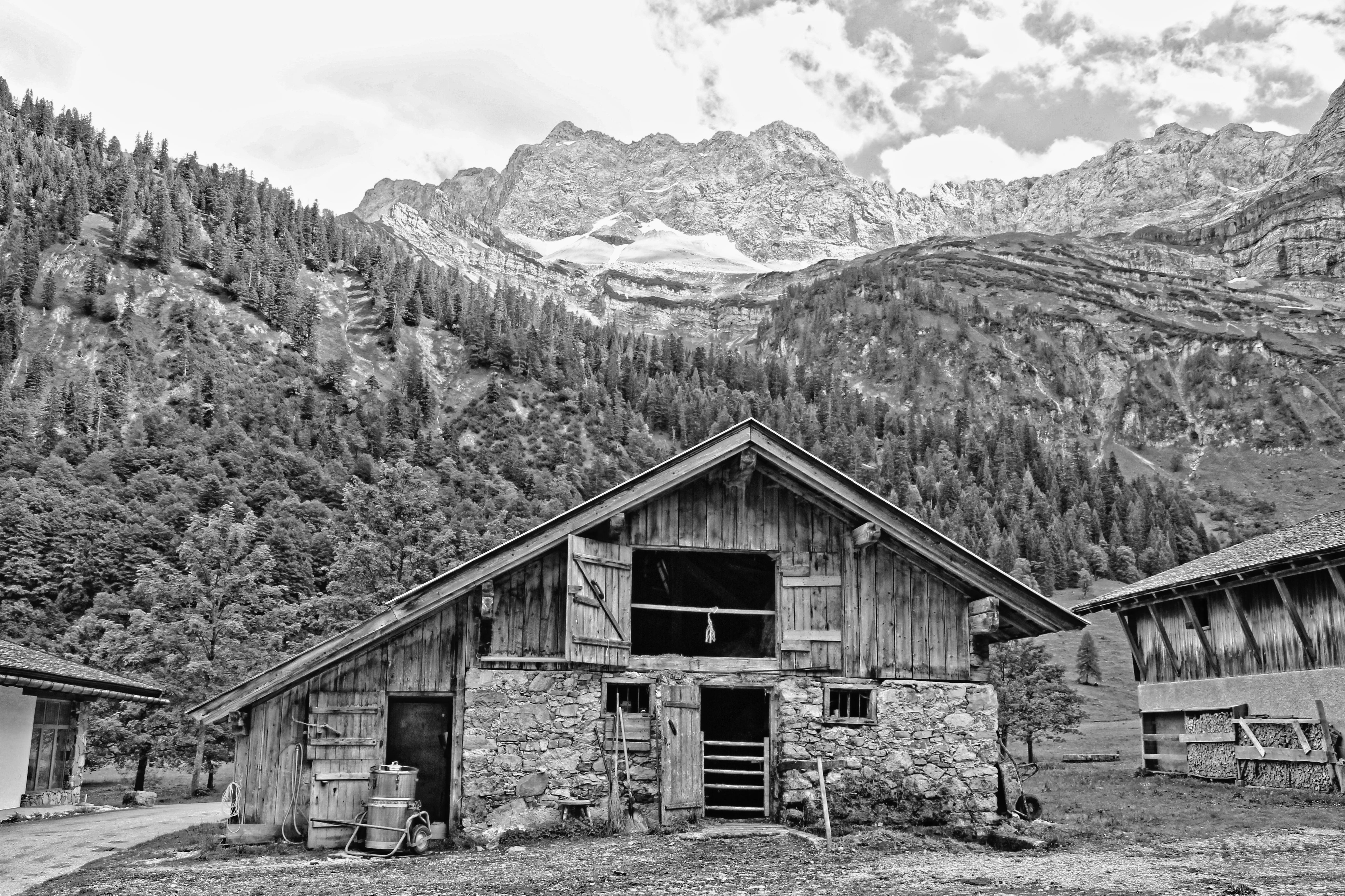 nature, mood, sky, cottage, 5K, plant, tyrol, building exterior, landscape, tranquility, karwendel mountains, tree, ahornboden, karwendel, panorama, beauty in nature, HD Wallpaper
