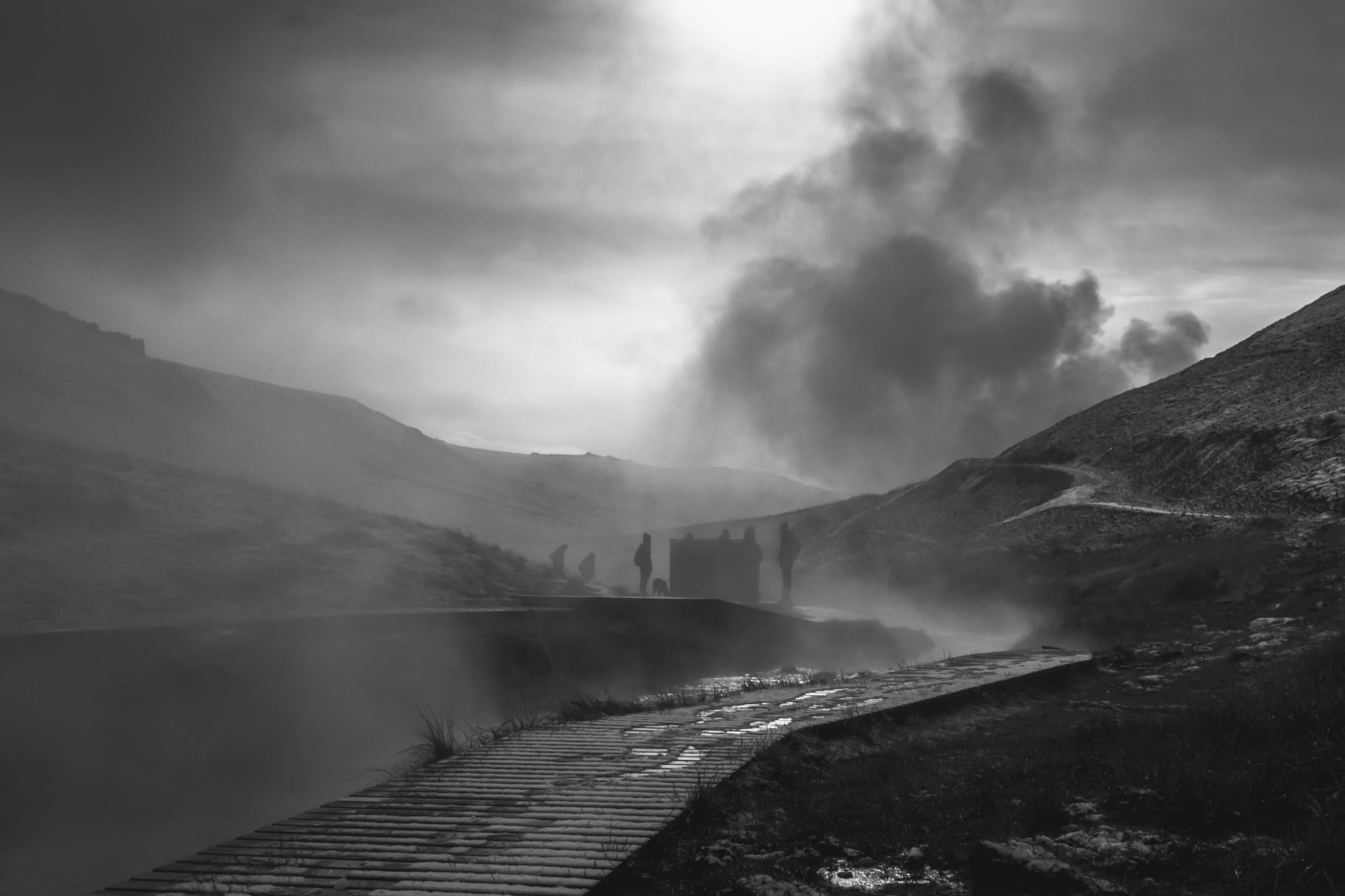 day, monochrome, nature, direction, cloud - sky, non-urban scene, tranquility, thermal, water, hot spring, black and white, reykjadalur hot spring thermal river, HD Wallpaper