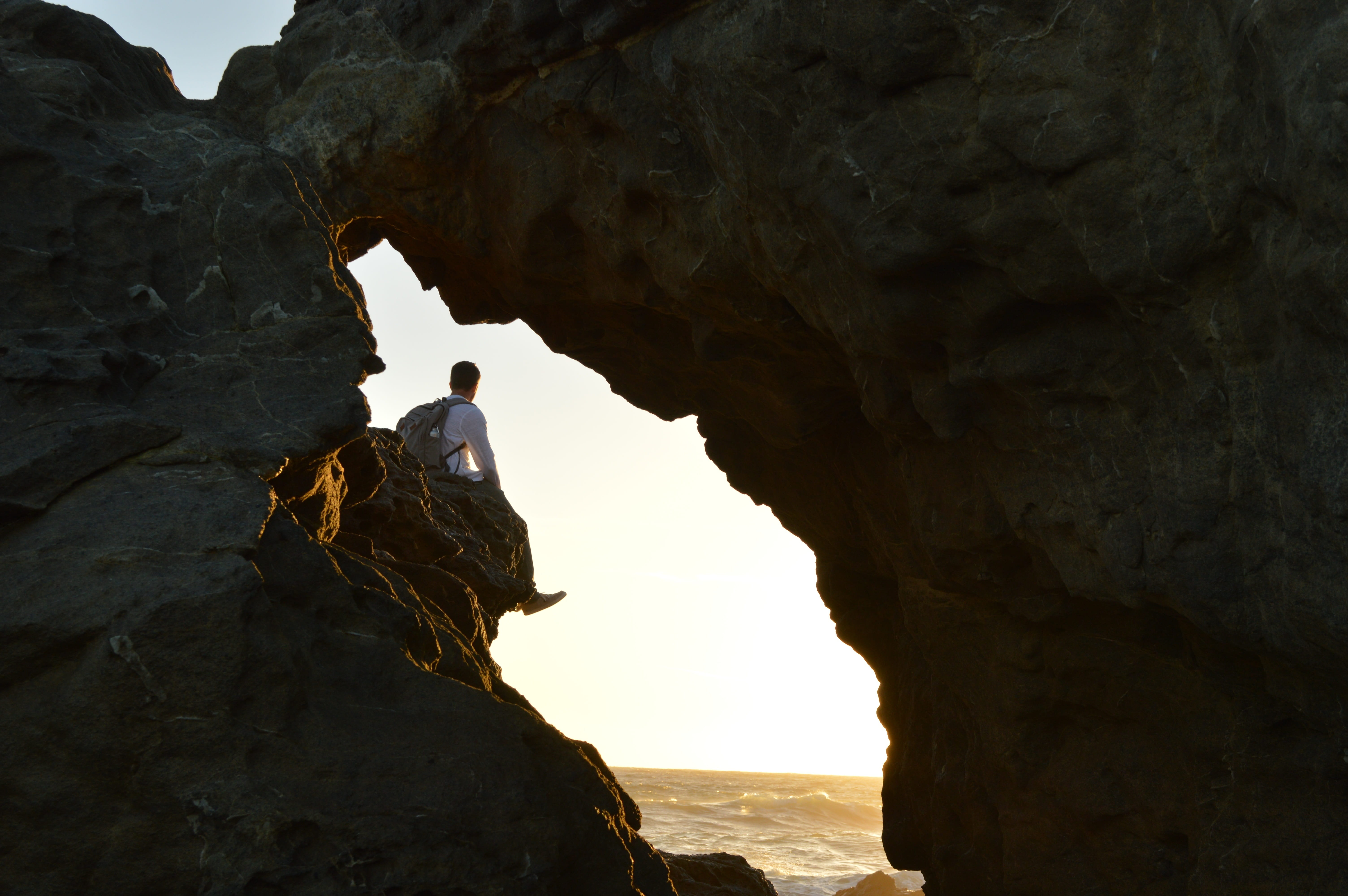 sit, contemplate, geology, guy, adventure, people, real people, back, landscape, crevice, 5K, day, men, hole, lifestyles, cave, activity, leisure activity, HD Wallpaper