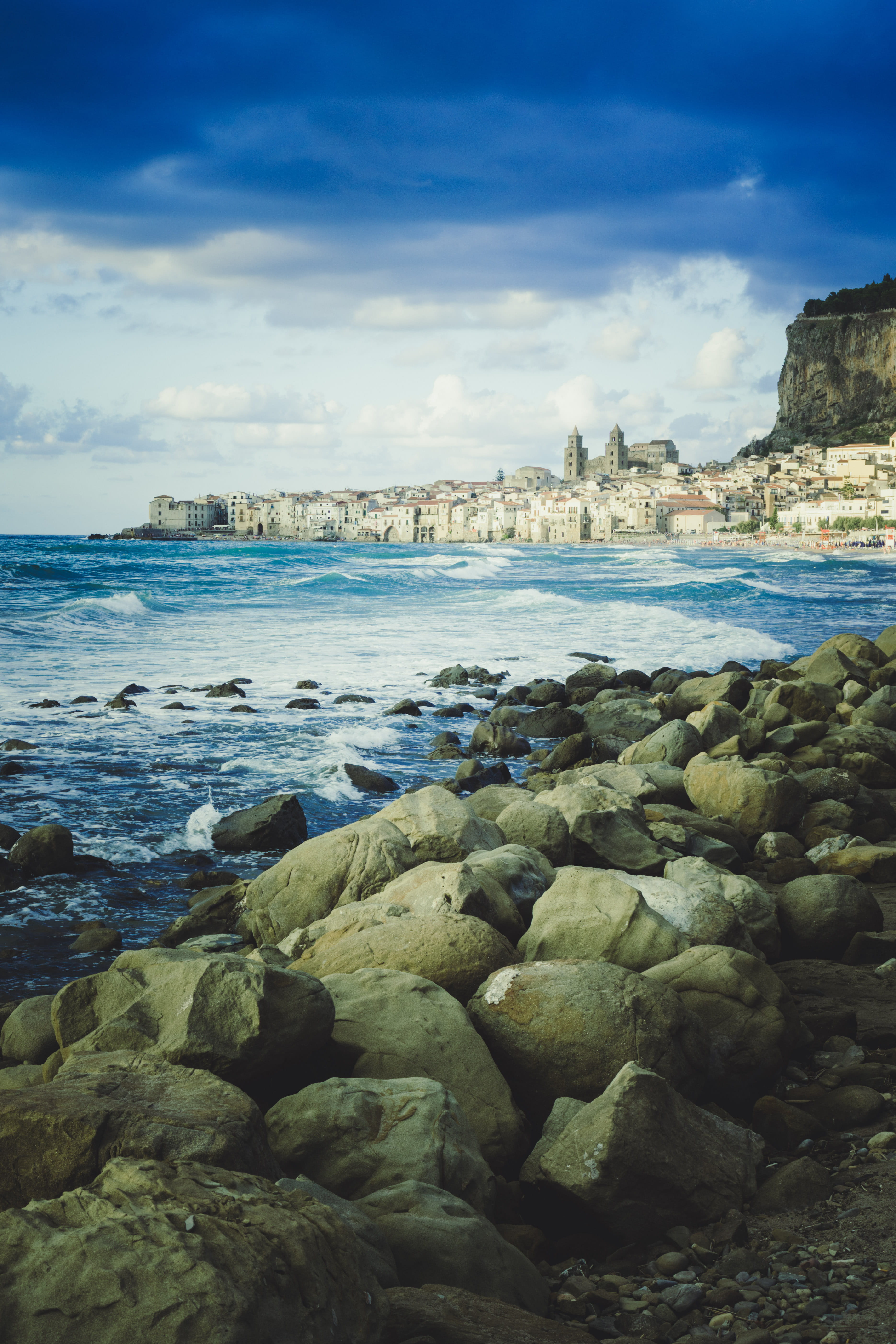 water, cove, tranquility, solid, cloud - sky, tranquil scene, village, italy, rock, rocks, ocean, coast, rock - object, built structure, scenics - nature, Phone HD Wallpaper