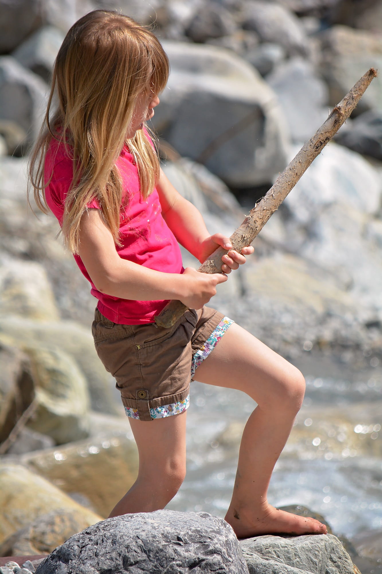 one girl only, solid, stream bed, children only, flowing water, barefoot, long hair, nature, shorts, childhood, water, stones, girls, Person, leisure activity, Phone HD Wallpaper