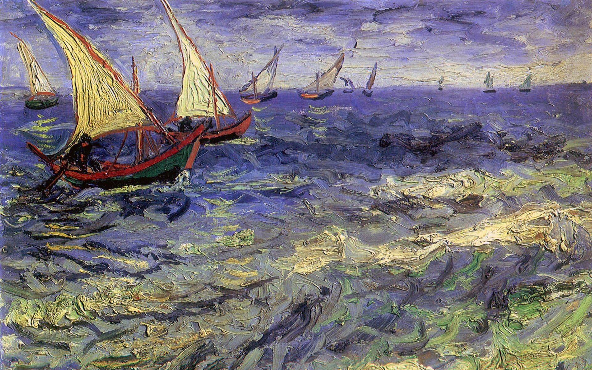 old, high angle view, mode of transportation, sunlight, boat, waterfront, moored, day, water, 1080P, Vincent Van Gogh, white, landscape, reflection, outdoors, HD Wallpaper