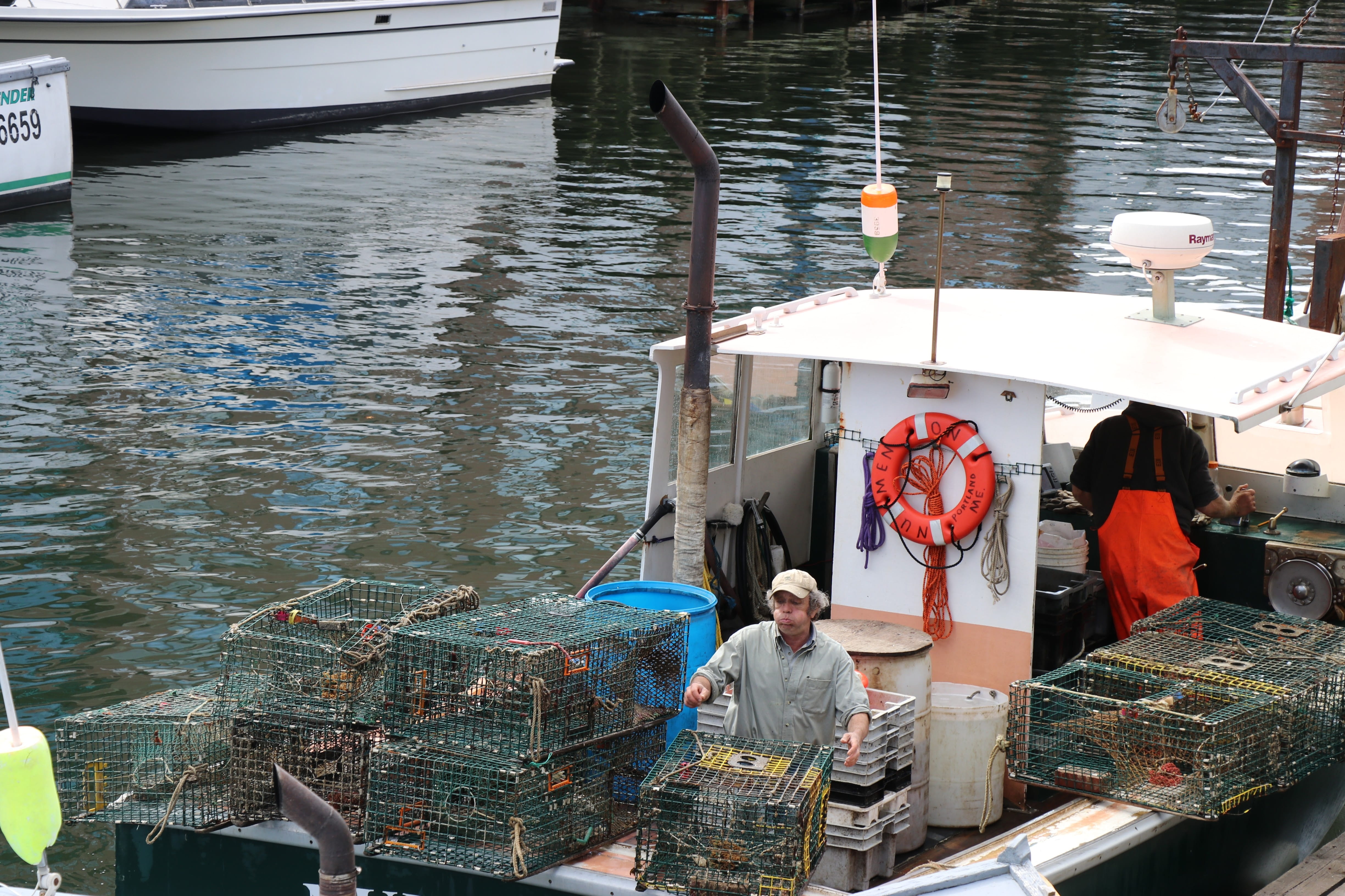 lobster fishing boat, cage, lifestyles, fishermen, ocean, coast, day, outdoors, adult, marine, atlantic, nautical vessel, fishing, summer, sea, fishing industry, HD Wallpaper