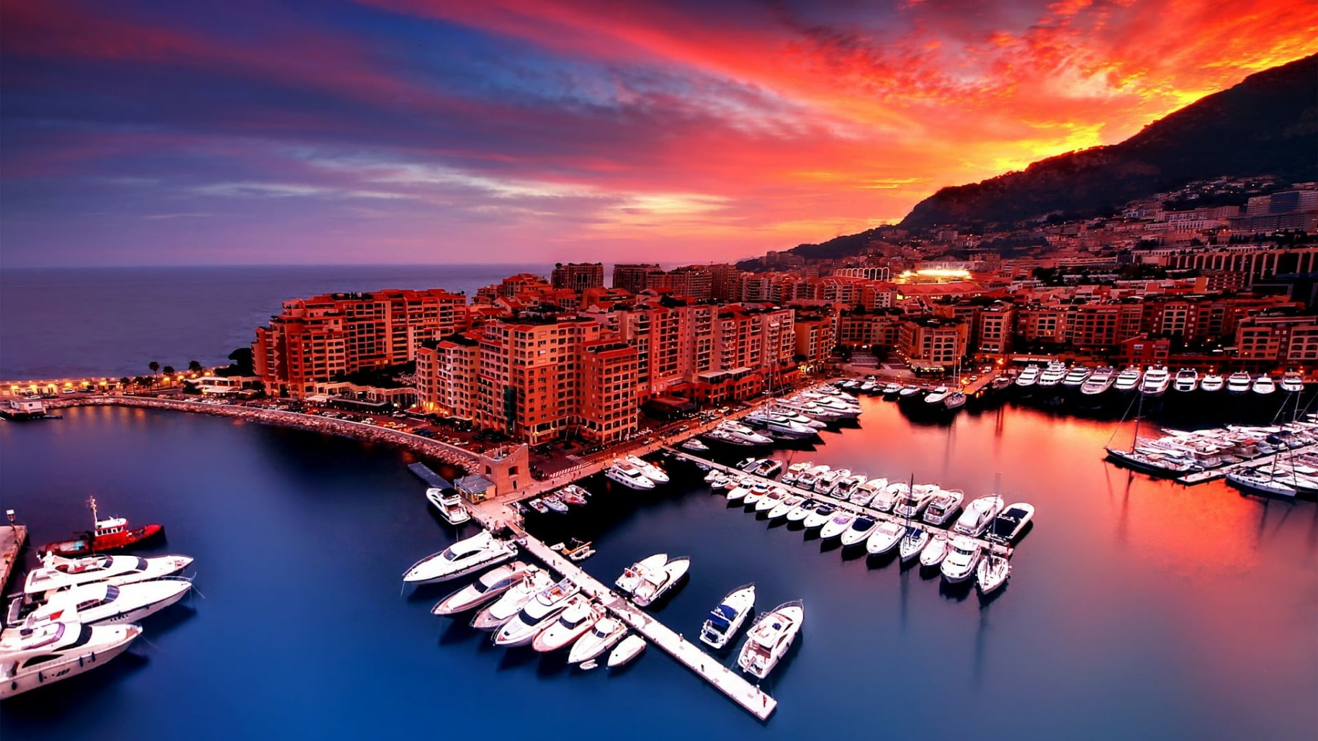 reflection, built structure, tourism, building, no people, building exterior, sky, sea, marina, architecture, city, evening, cloud - sky, fontvieille harbour, HD Wallpaper