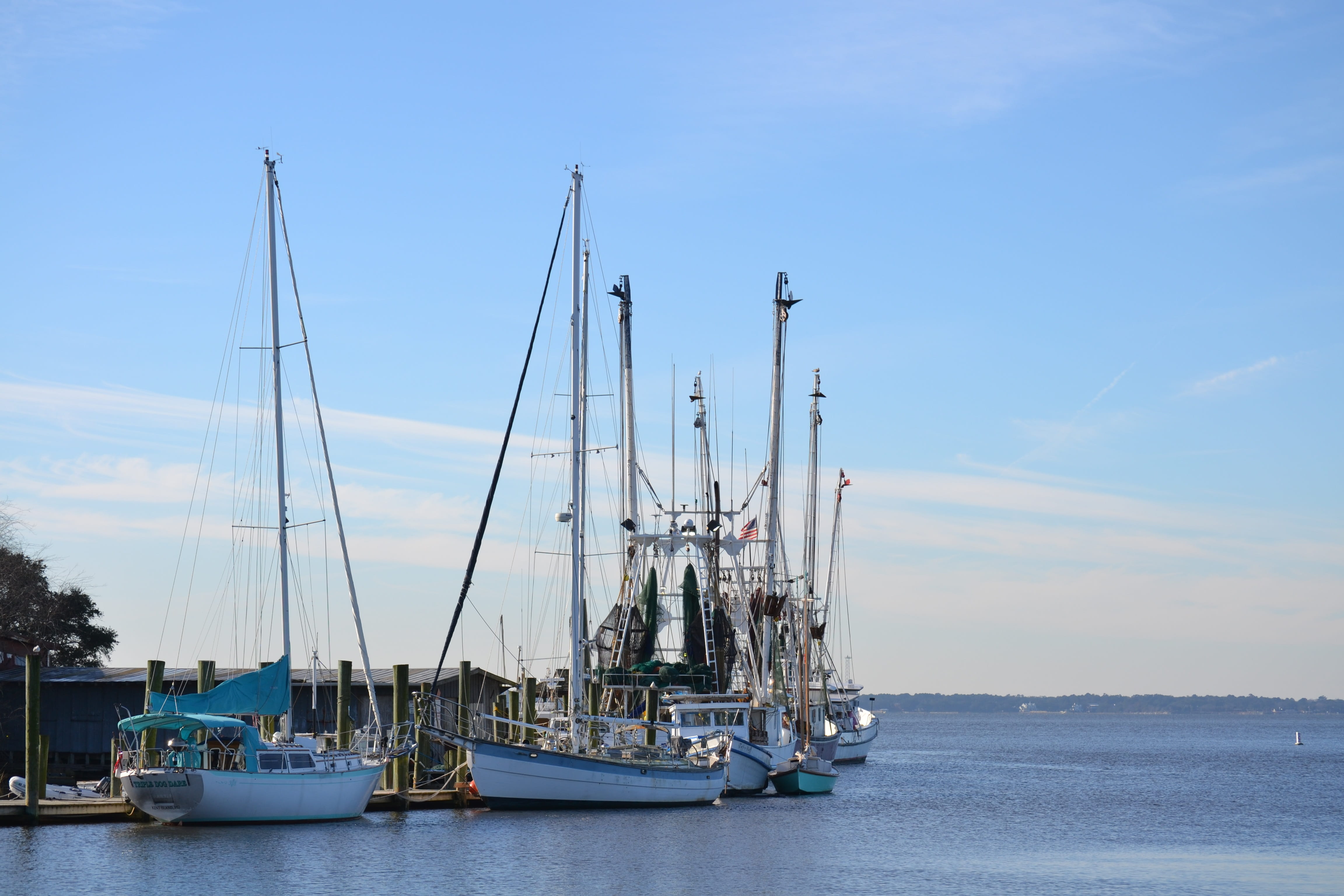 sea, fisherman, day, pole, harbor, equipment, industry, shem creek, sailboat, vessel, waterfront, fishing, marine, nautical vessel, blue, cloud - sky, coast, HD Wallpaper