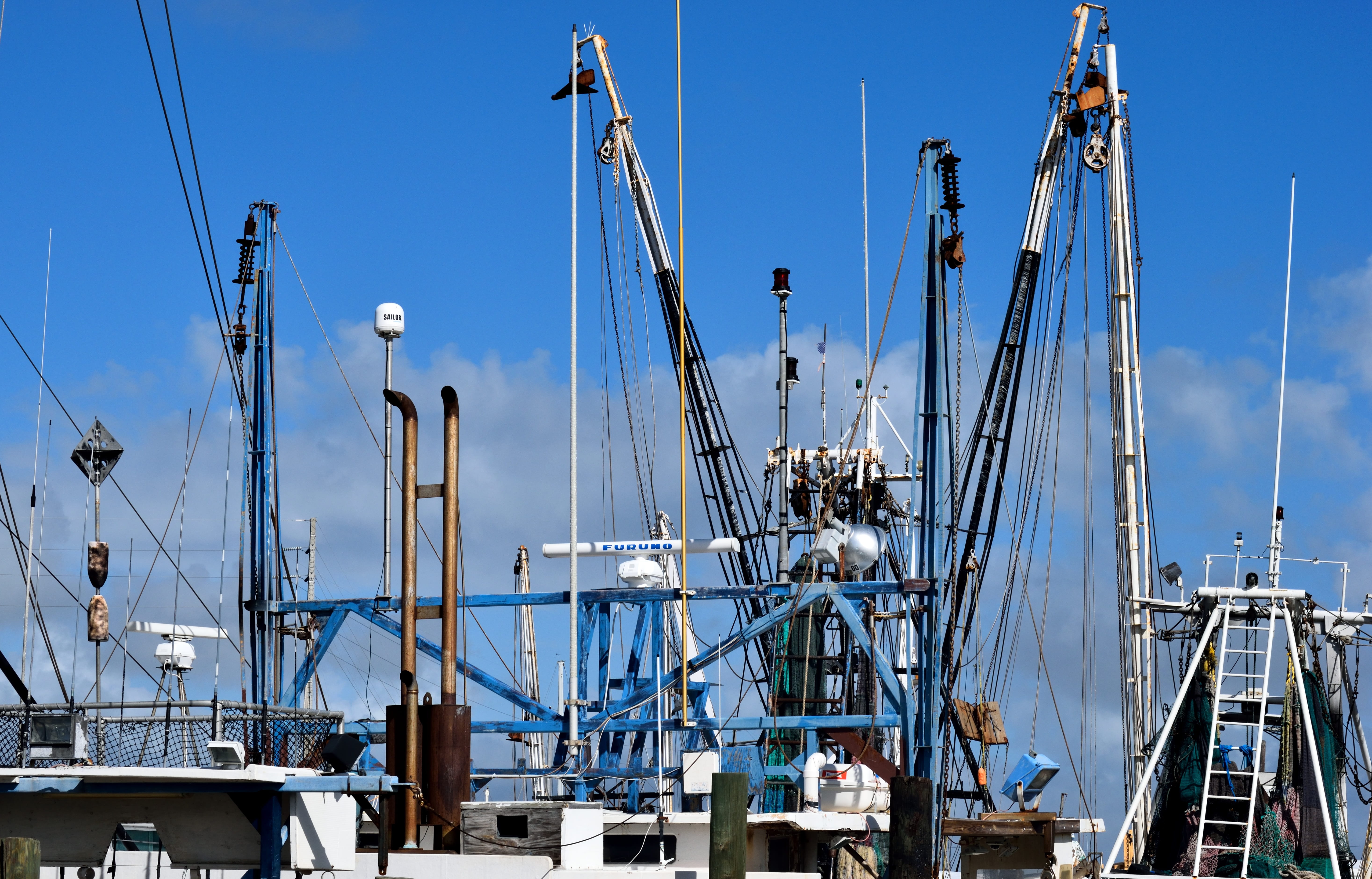 rigging, blue, transportation, nautical vessel, business, boat, fishing, pole, river, fish, 5K, sea, outdoors, netting, marina, harbor, vessel, rope, sky, HD Wallpaper