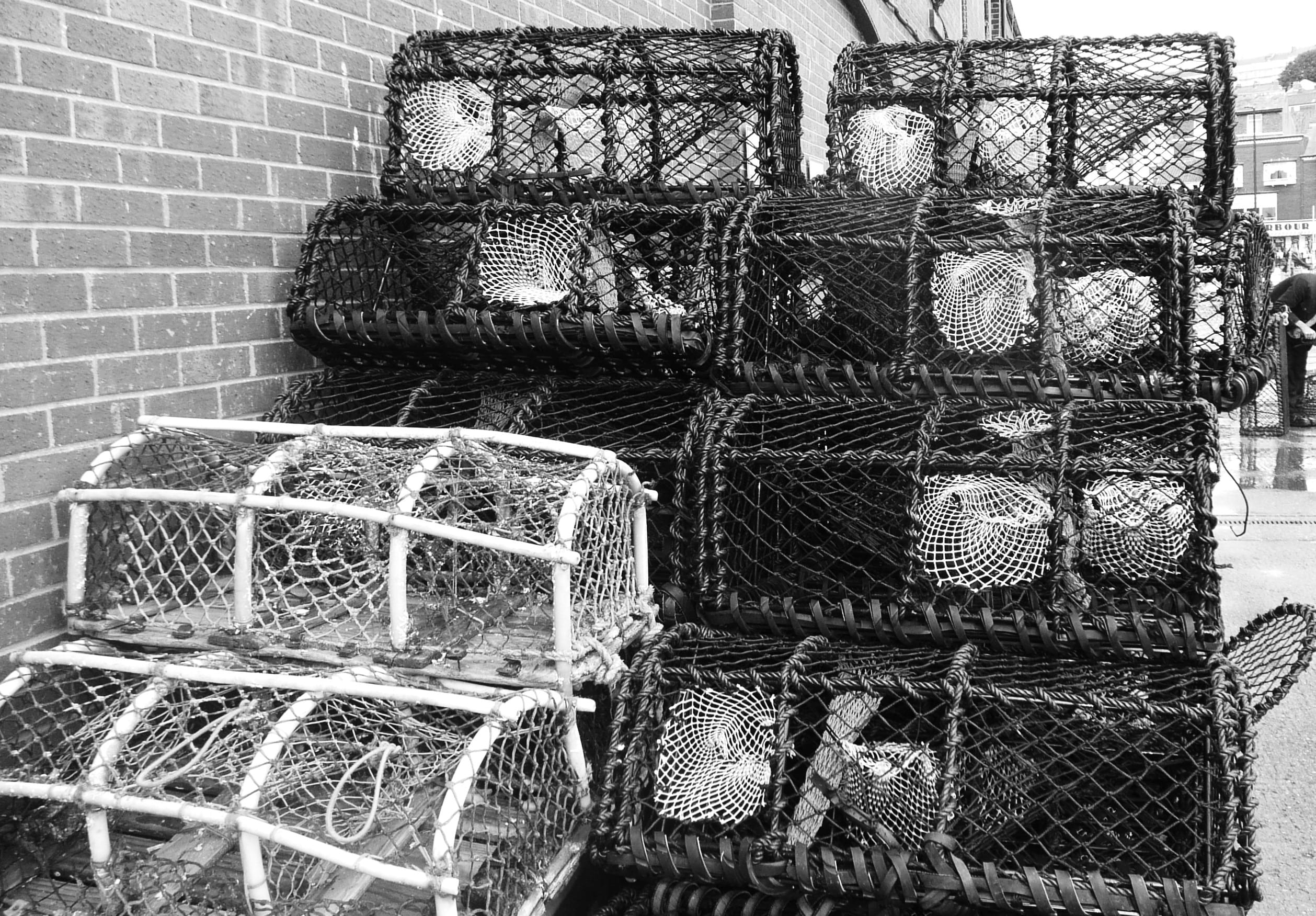 equipment, brick wall, food, stack, metal, fishing industry, architecture, fish, fence, pattern, pot, 1080P, brick, dock, no people, port, ocean, net, HD Wallpaper
