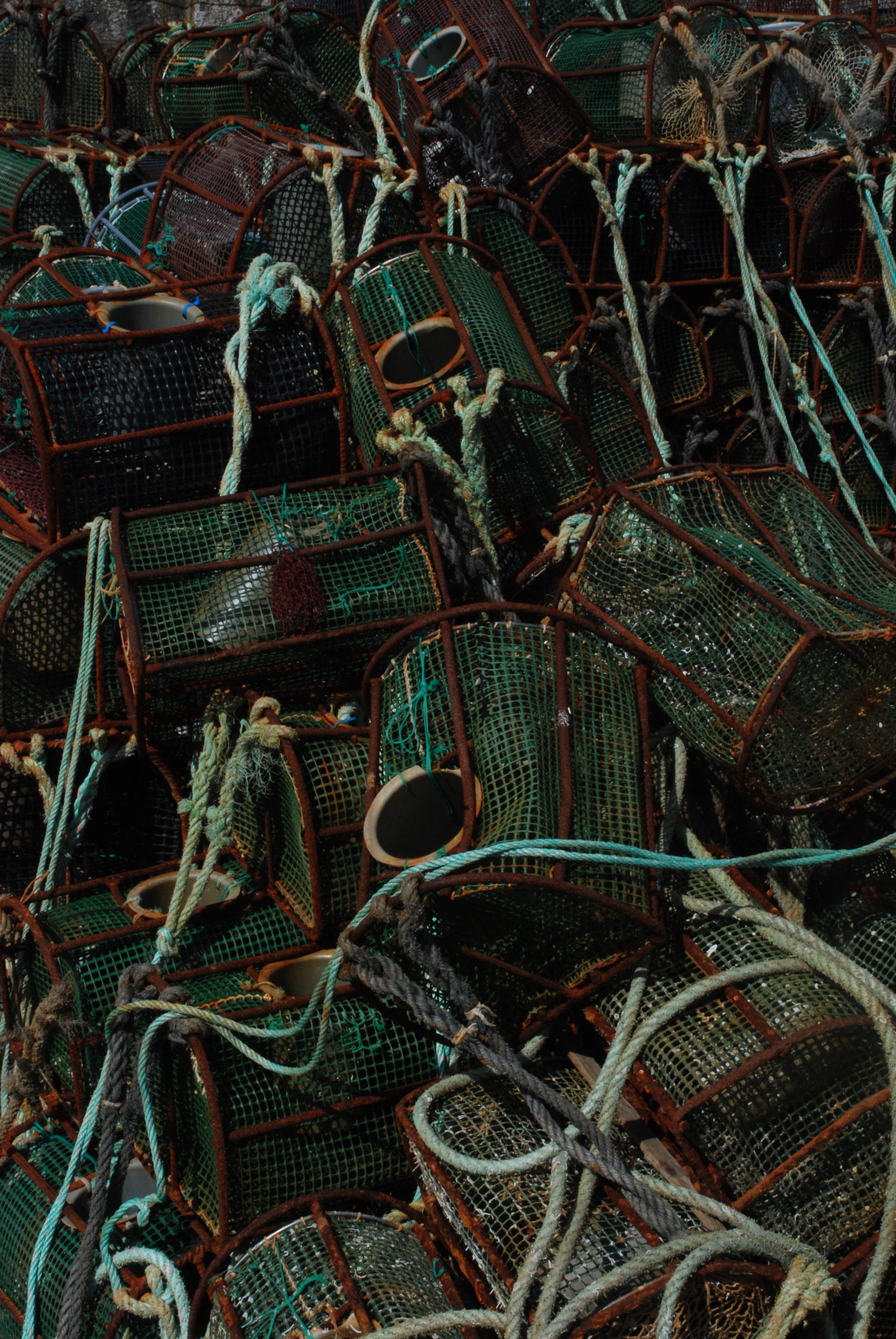 fishing net, full frame, basket, commercial fishing net, abundance, port, no people, day, sea, stack, heap, high angle view, large group of objects, backgrounds, Phone HD Wallpaper