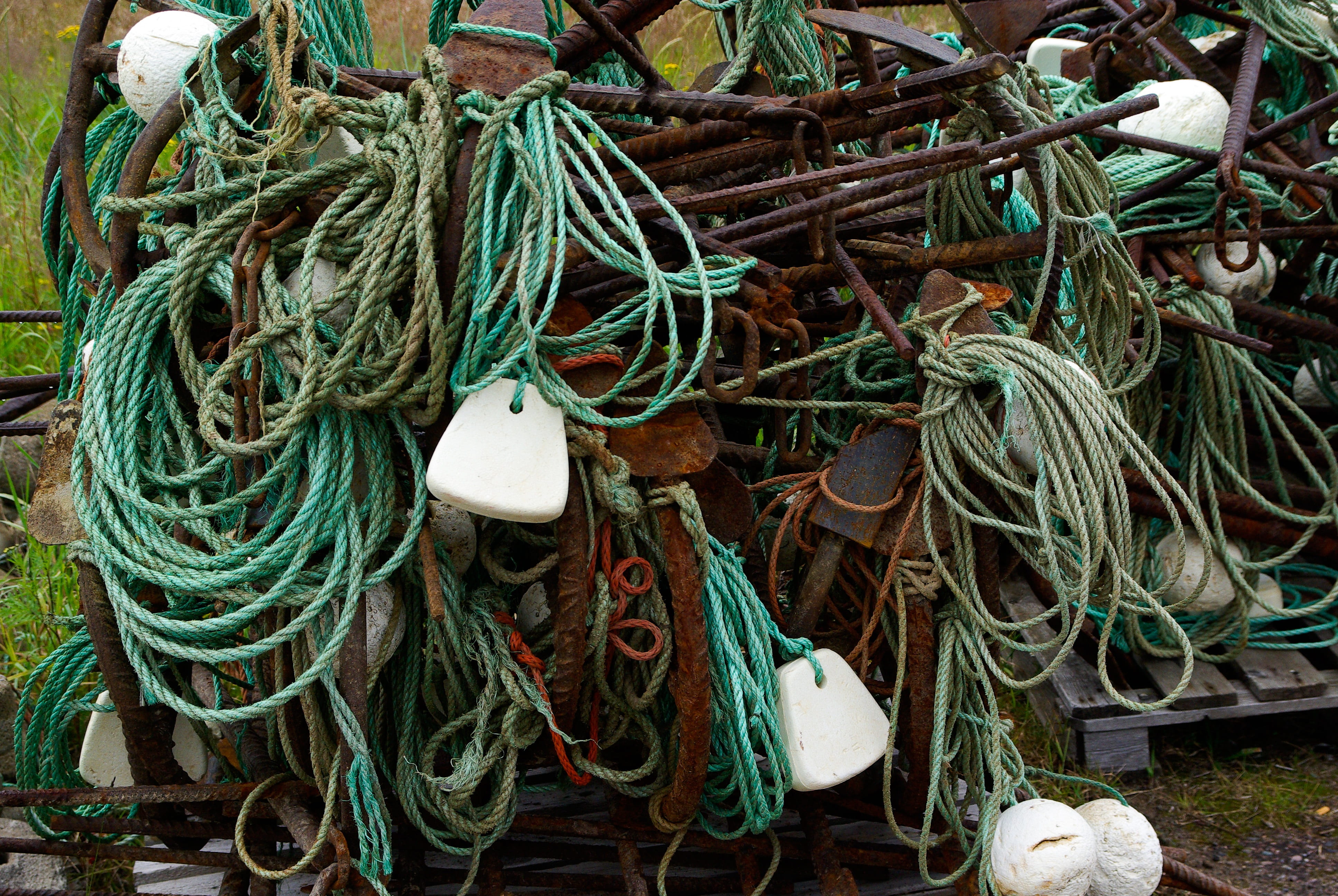 no people, sea, still life, fishing industry, full frame, high angle view, floats, green color, tangled, commercial fishing net, rod, outdoors, buoy, backgrounds, HD Wallpaper