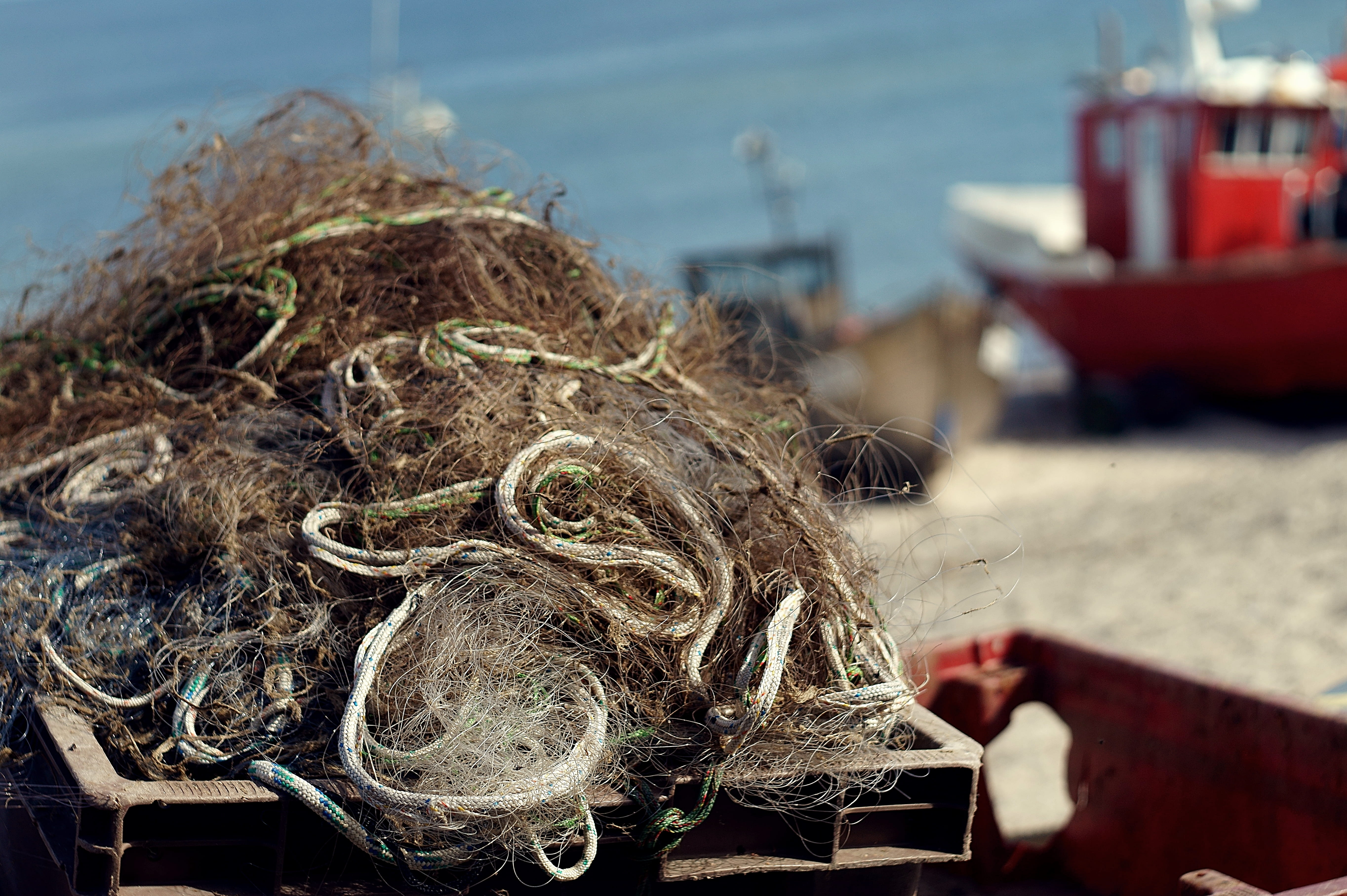 fishing, harbor, water, fishing boat, sieci, fishing industry, sea, mode of transportation, tangled, fishing net, moored, połowy, day, 5K, nautical vessel, HD Wallpaper
