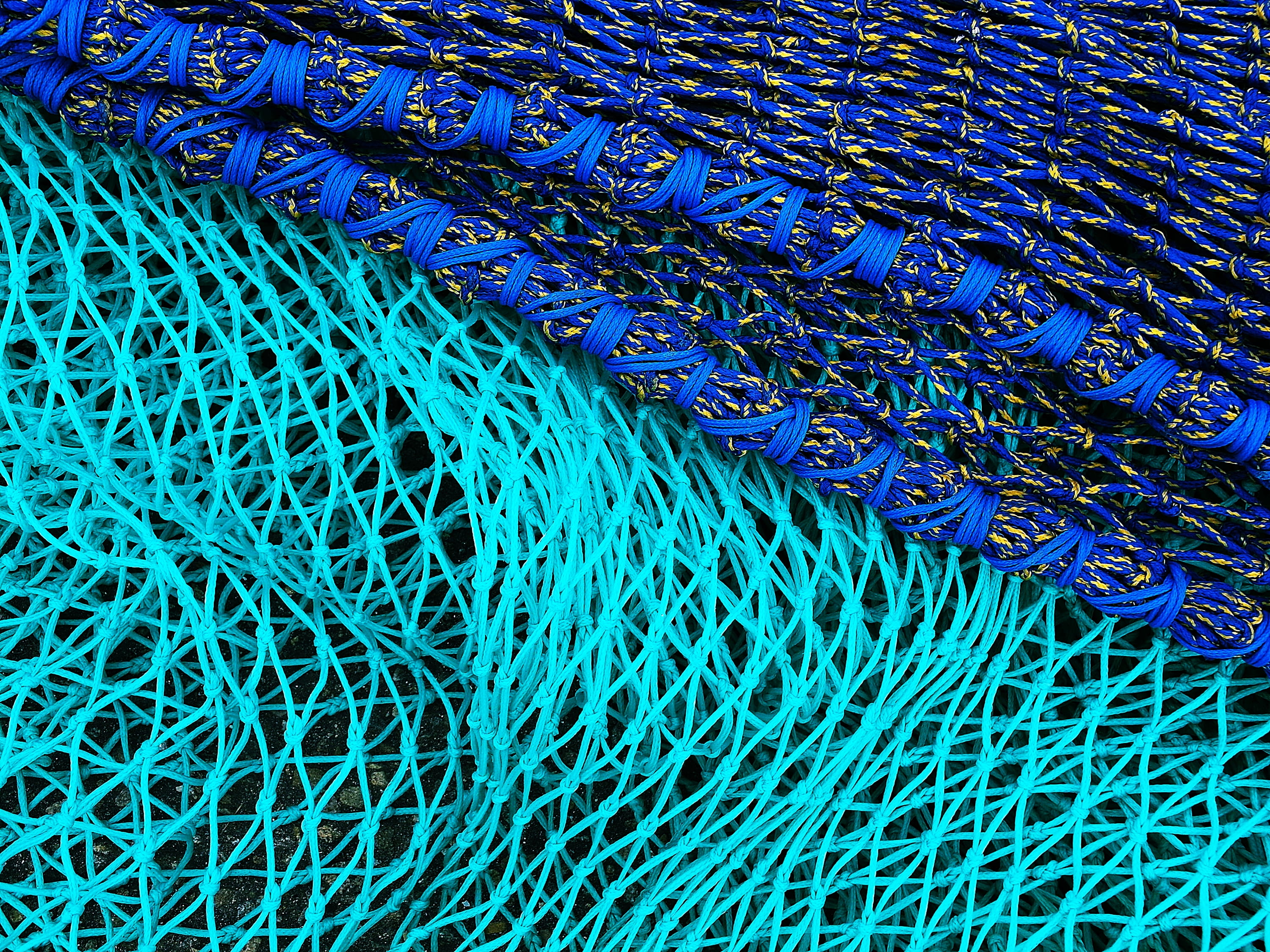 textured, design, full frame, textile, indoors, flooring, no people, pattern, high angle view, fishing industry, fishing net, 2K, net, turquoise colored, HD Wallpaper