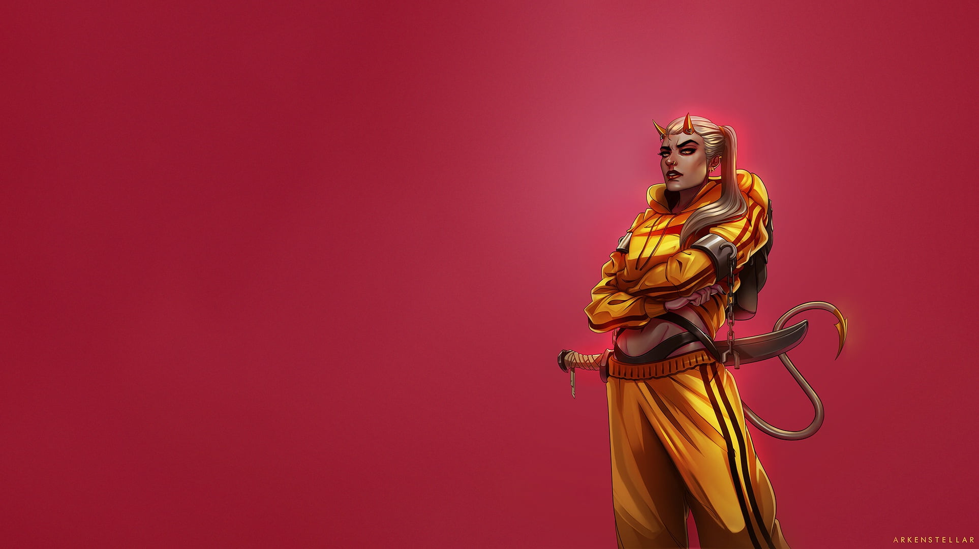 Art, Bad Mood, Concept Art, Illustration, Characters, Sword, Style, Minimalism, 1080P, Blonde, Tracksuit, by Arkenstellar, Arkenstellar, Horns, Girl, HD Wallpaper