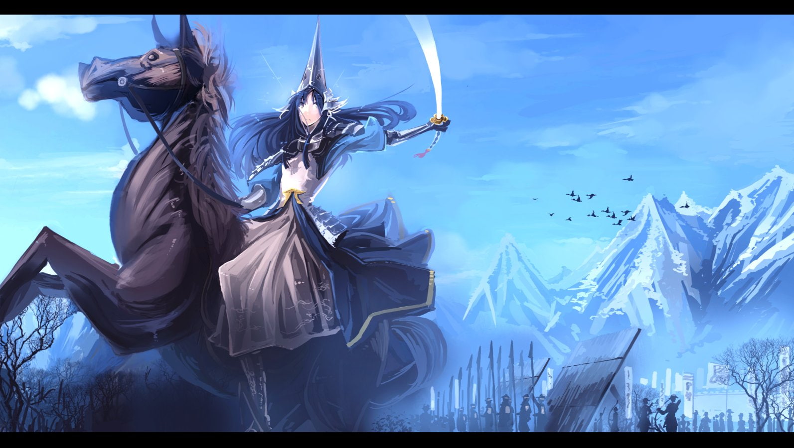 (weapon), sengoku, sky, spear, bird, weapon, uesugi, horse, kazutomo, rance, kenshin, hair, miya, blue, samurai, long, clouds, bow, animal, 720P, katana, HD Wallpaper