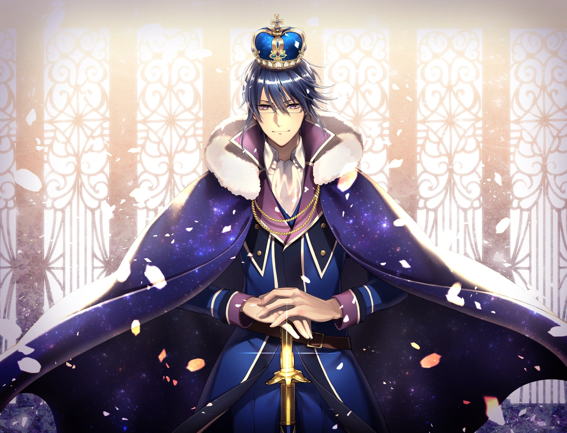 black, konachan, glasses, weapon, (artist), all, com, petals, reishi, suit, short, cape, purple, tagme, munakata, male, eyes, 252525, sword, 1080P, (anime), HD Wallpaper